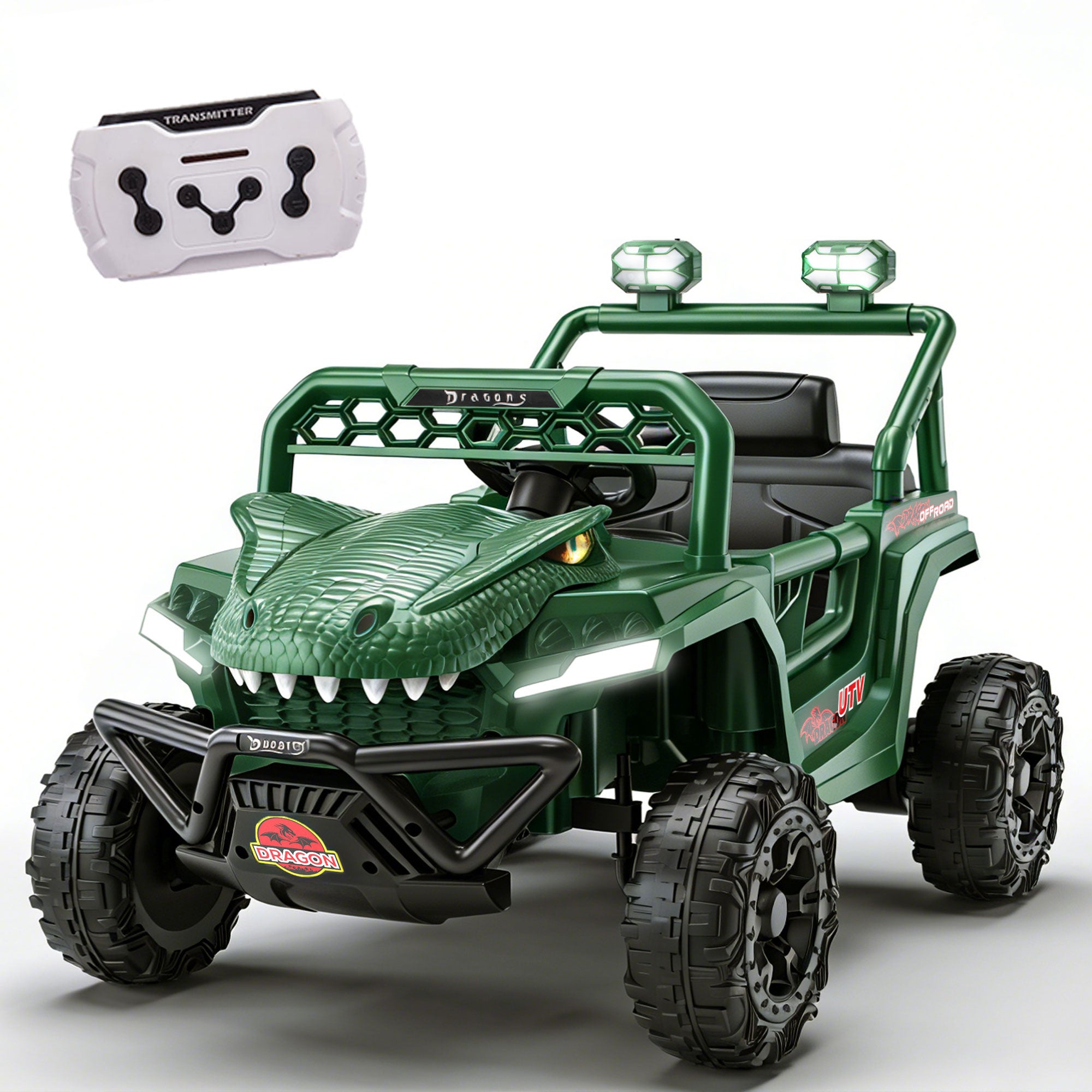12V Ride On Cars for Kids, Kids Ride on Toys with Remote Control, Dinosaur Kids UTV Cars, 4 Wheel Suspension Electric Vehicle with Bluetooth, Music, LED, Ideal Gift for Boys Girls 2-4
