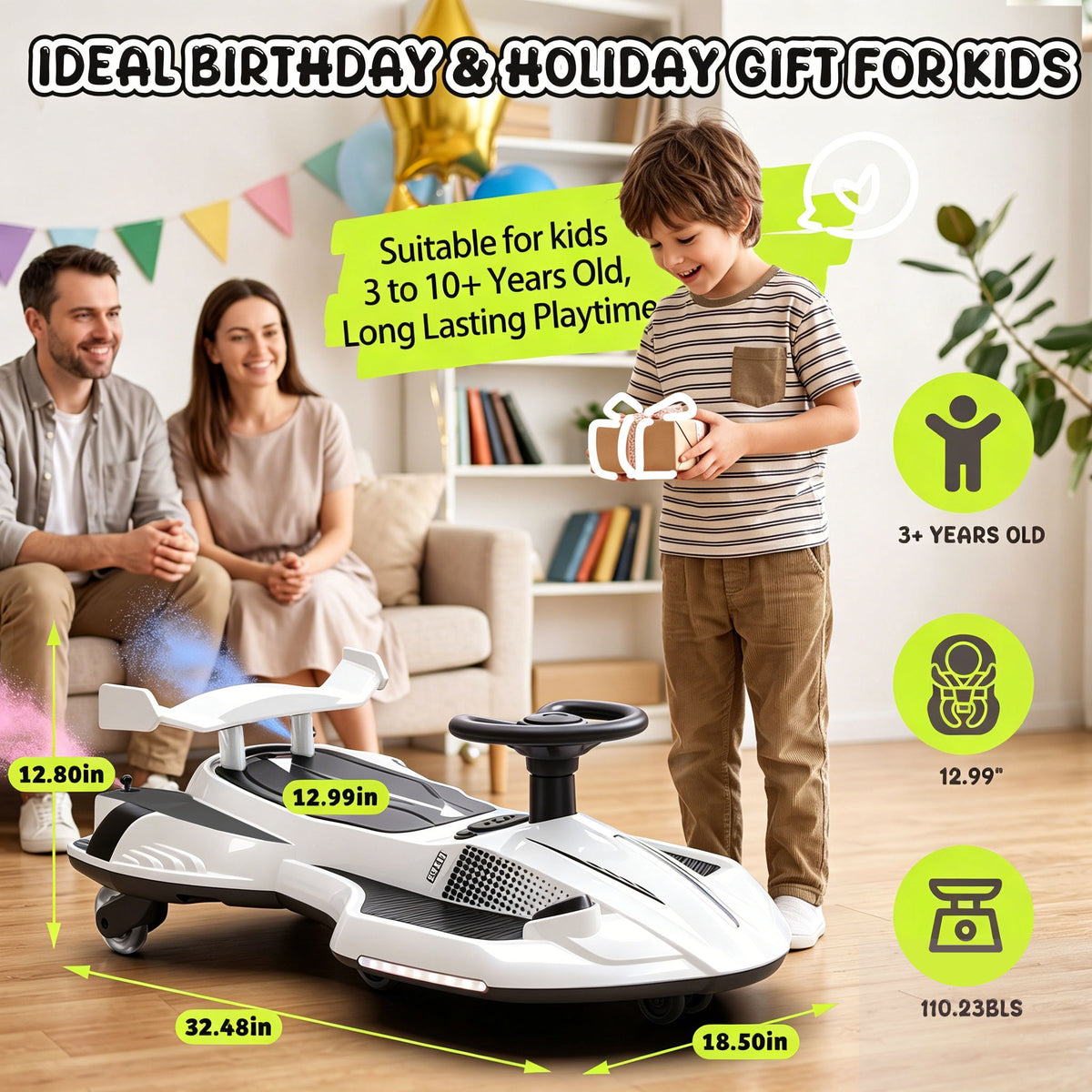 KEEPSUN 12V Electric Wiggle Car for Kids, 2 in 1 Swing Ride on Toy, Drift Car with Spray, Flashing 360° Swivel Wheels, Music, Bluetooth, Anti-Rollover, Gift for Boys Girls Ages 3-8 - White