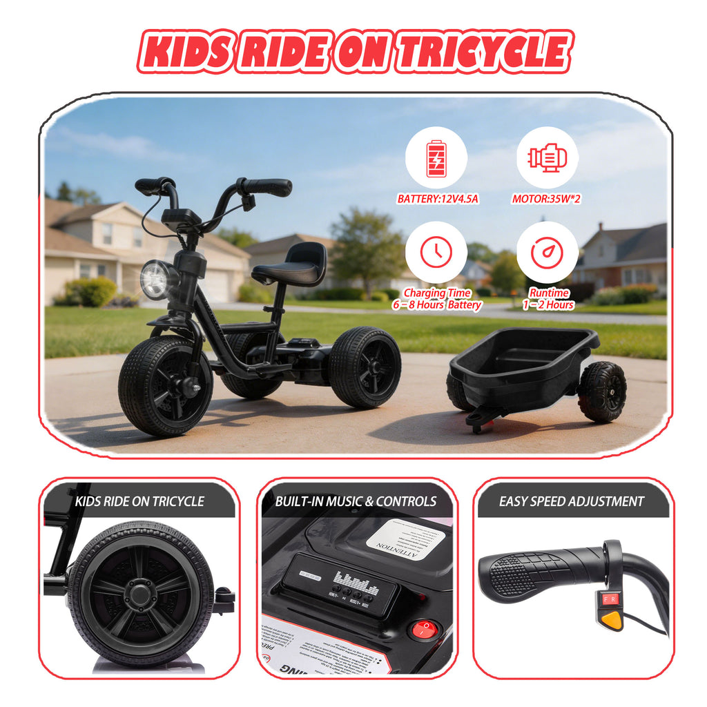 Electric Tricycle for Toddlers 2-5 Year Old, Kids Electric Bike Outdoor Ride on Toys, Trike with LED Light, Adjustable Seat, Large Rear Basket, Birthday Gift for Kids