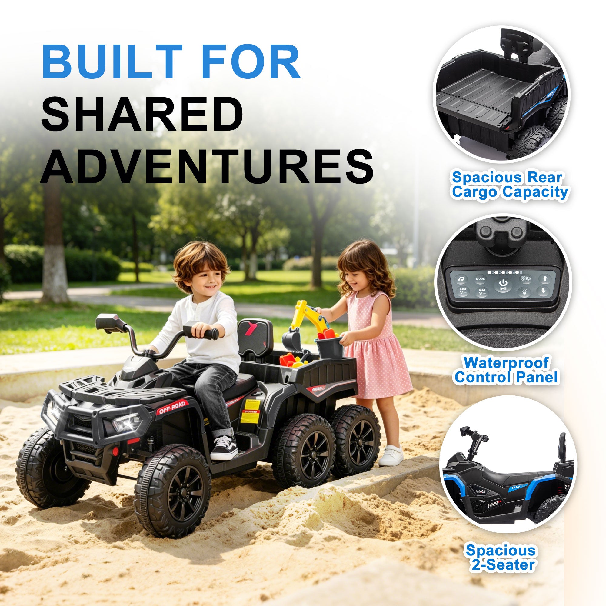 24V Ride on ATV Toys, Real 2 Seater Kids ATV with 200W*2 Power Motor, Electric Car w/ 6-Wheeler Suspension, Extra Large Rear Storage Bucket, Waterproof Panel w/ Bluetooth, Music, Led Lights