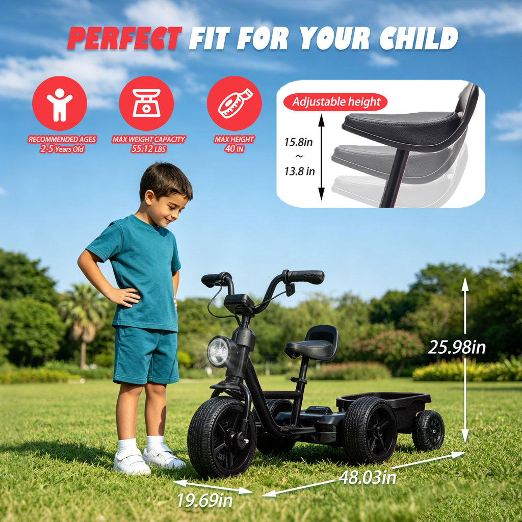 Electric Tricycle for Toddlers 2-5 Year Old, Kids Electric Bike Outdoor Ride on Toys, Trike with LED Light, Adjustable Seat, Large Rear Basket, Birthday Gift for Kids