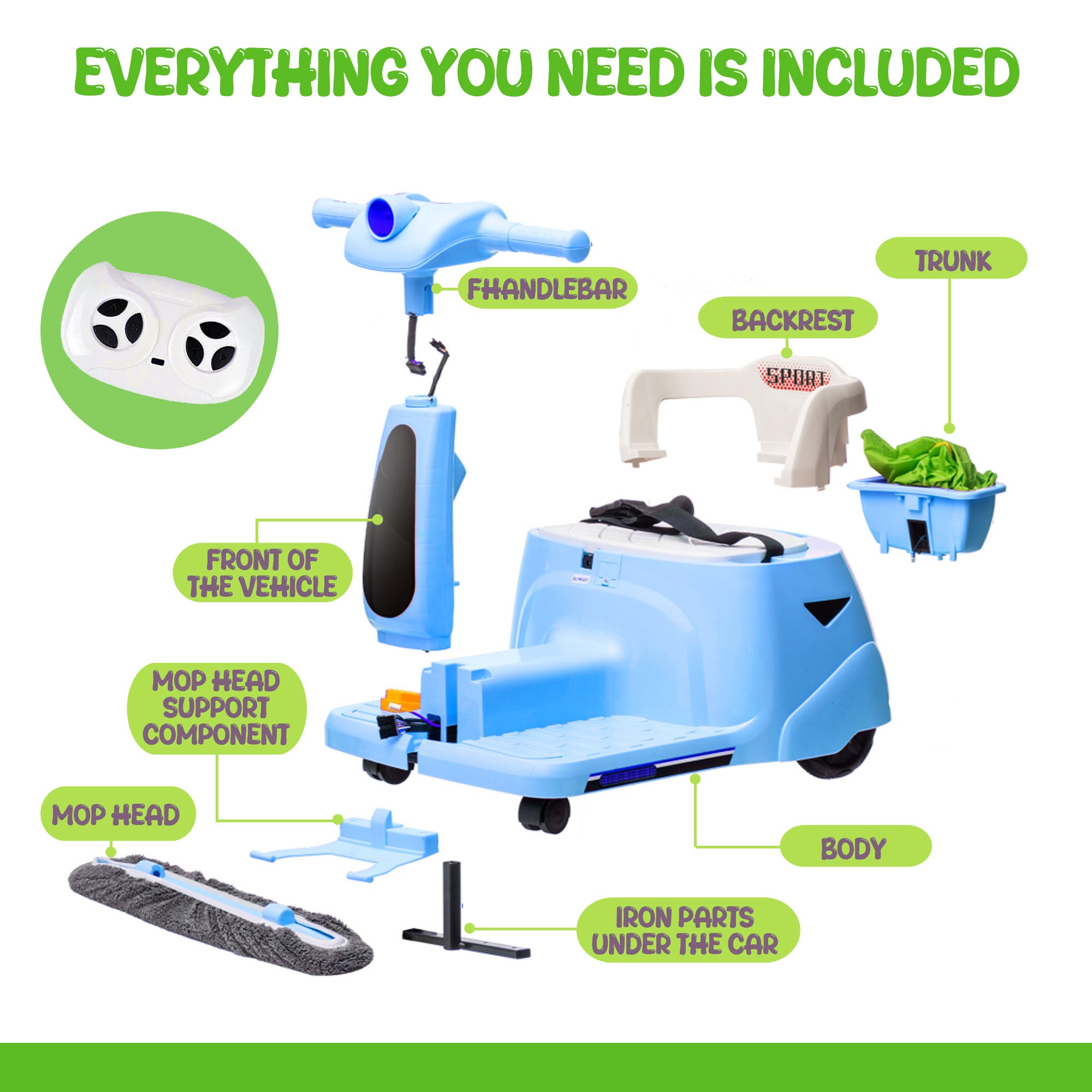 12V Ride On Car with Inflatable Character, Powered Ride On Toys with Cleaning Fun, Detachable Mop, Silent TPE Wheels, Bluetooth, Indoor & Outdoor Car for Kids Ages 3-5
