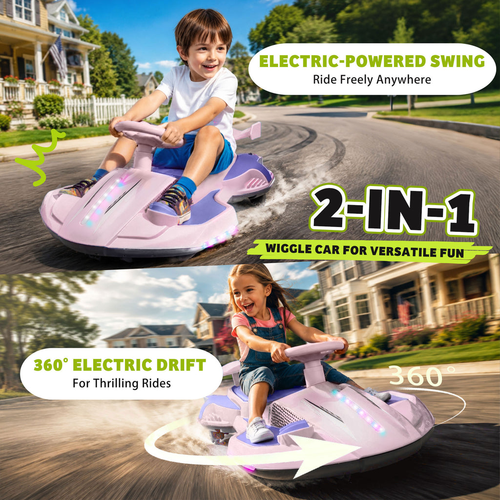 KEEPSUN 12V Electric Wiggle Car for Kids, 2 in 1 Swing Ride on Toy, Drift Car with Spray, Flashing 360° Swivel Wheels, Music, Bluetooth, Anti-Rollover, Gift for Boys Girls Ages 3-8 - Pink & Purple