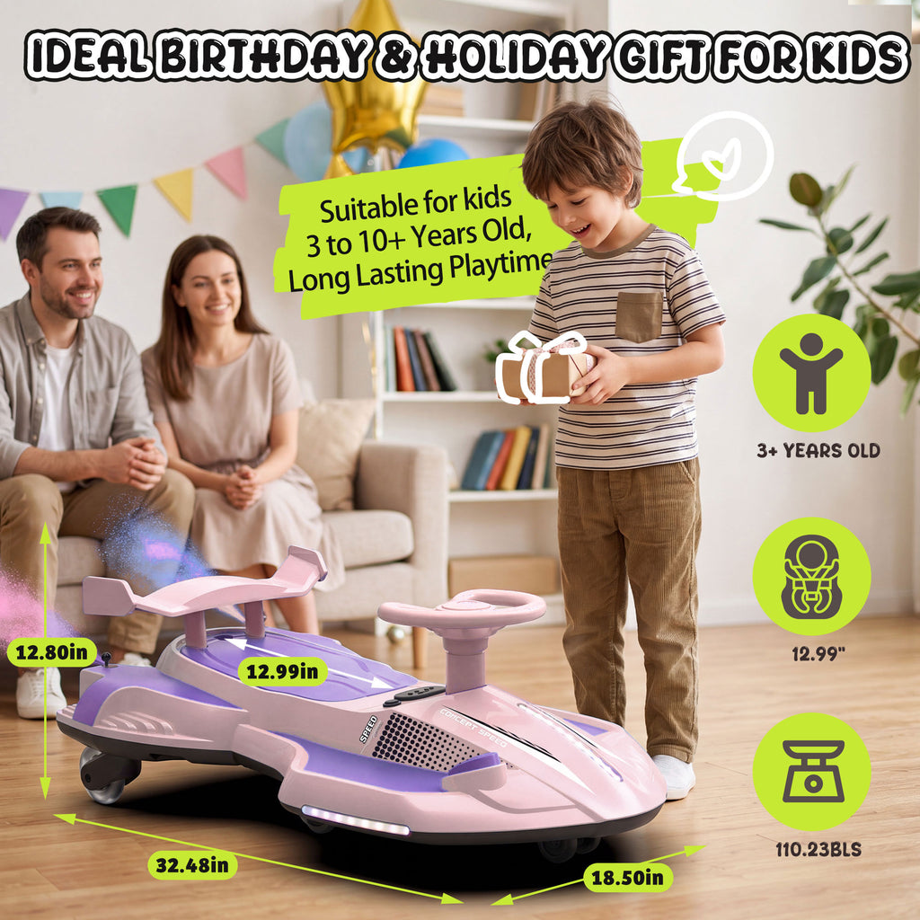 KEEPSUN 12V Electric Wiggle Car for Kids, 2 in 1 Swing Ride on Toy, Drift Car with Spray, Flashing 360° Swivel Wheels, Music, Bluetooth, Anti-Rollover, Gift for Boys Girls Ages 3-8 - Pink & Purple