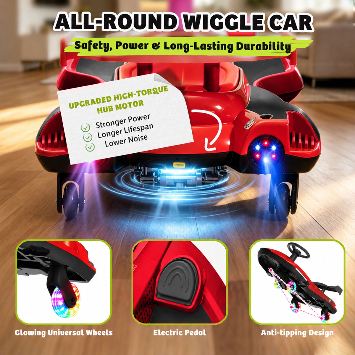 KEEPSUN 12V Electric Wiggle Car for Kids, 2 in 1 Swing Ride on Toy, Drift Car with Spray, Flashing 360° Swivel Wheels, Music, Bluetooth, Anti-Rollover, Gift for Boys Girls Ages 3-8 - Red