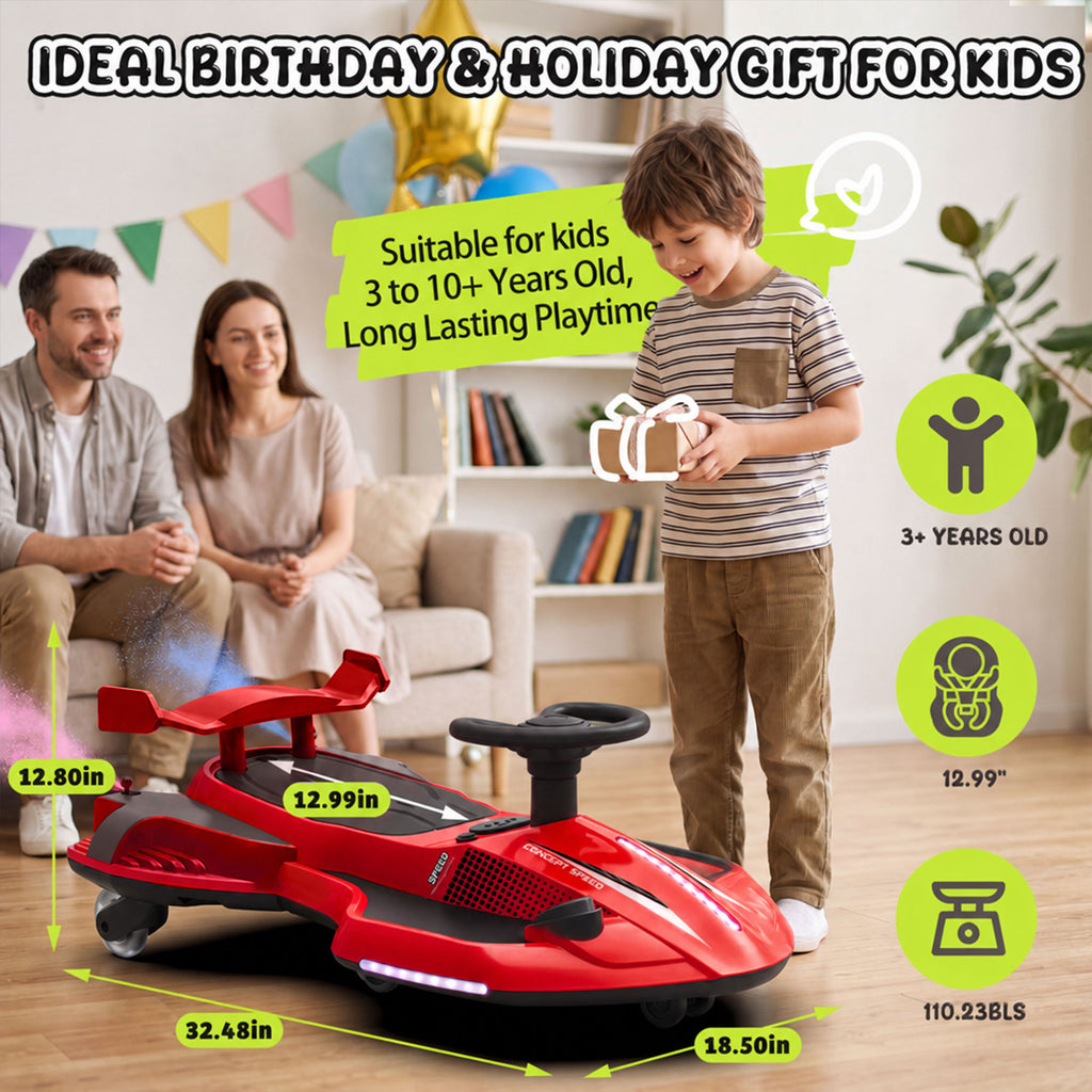 KEEPSUN 12V Electric Wiggle Car for Kids, 2 in 1 Swing Ride on Toy, Drift Car with Spray, Flashing 360° Swivel Wheels, Music, Bluetooth, Anti-Rollover, Gift for Boys Girls Ages 3-8 - Red