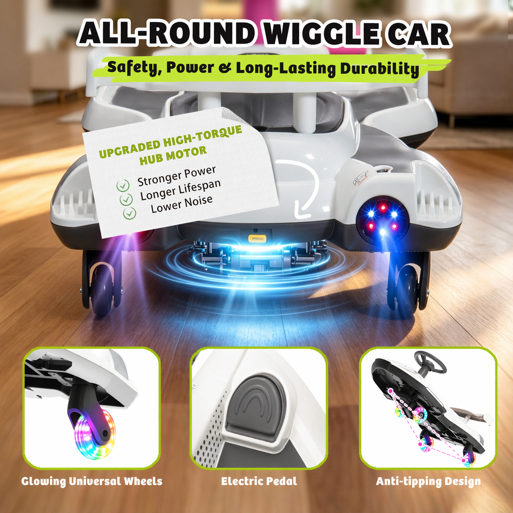 KEEPSUN 12V Electric Wiggle Car for Kids, 2 in 1 Swing Ride on Toy, Drift Car with Spray, Flashing 360° Swivel Wheels, Music, Bluetooth, Anti-Rollover, Gift for Boys Girls Ages 3-8 - White
