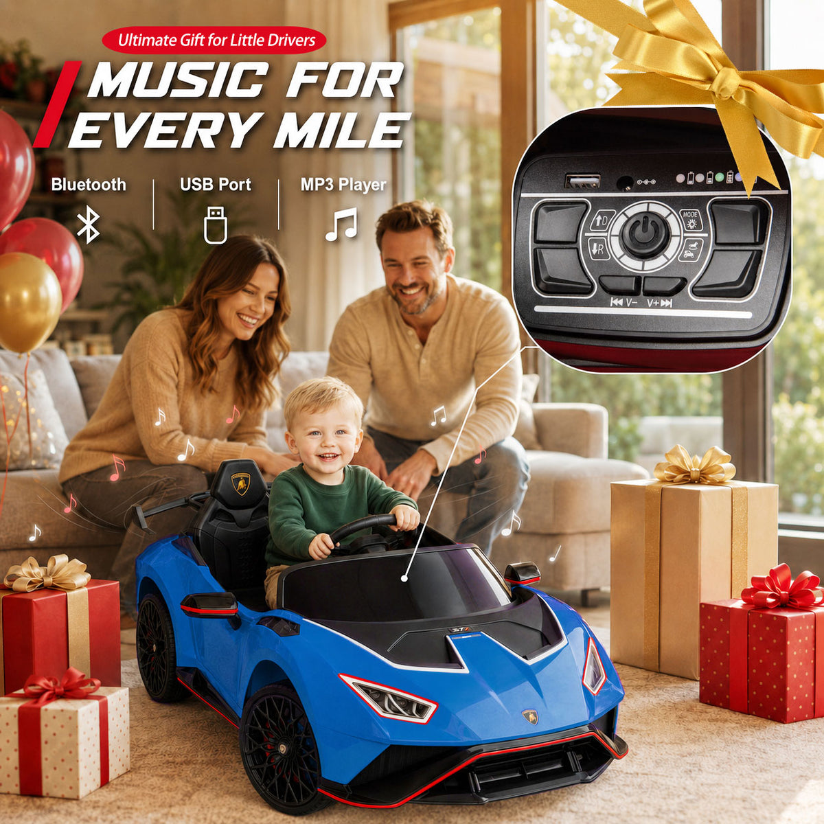 KEEPSUN 12V Ride On Toys for Kids, Licensed Lamborghini Ride On Car w/Remote Control, 3-Speed, Bluetooth & Music, Electric Car for Toddler Ages 2-4, Ideal Gift for Boys Girls - Blue