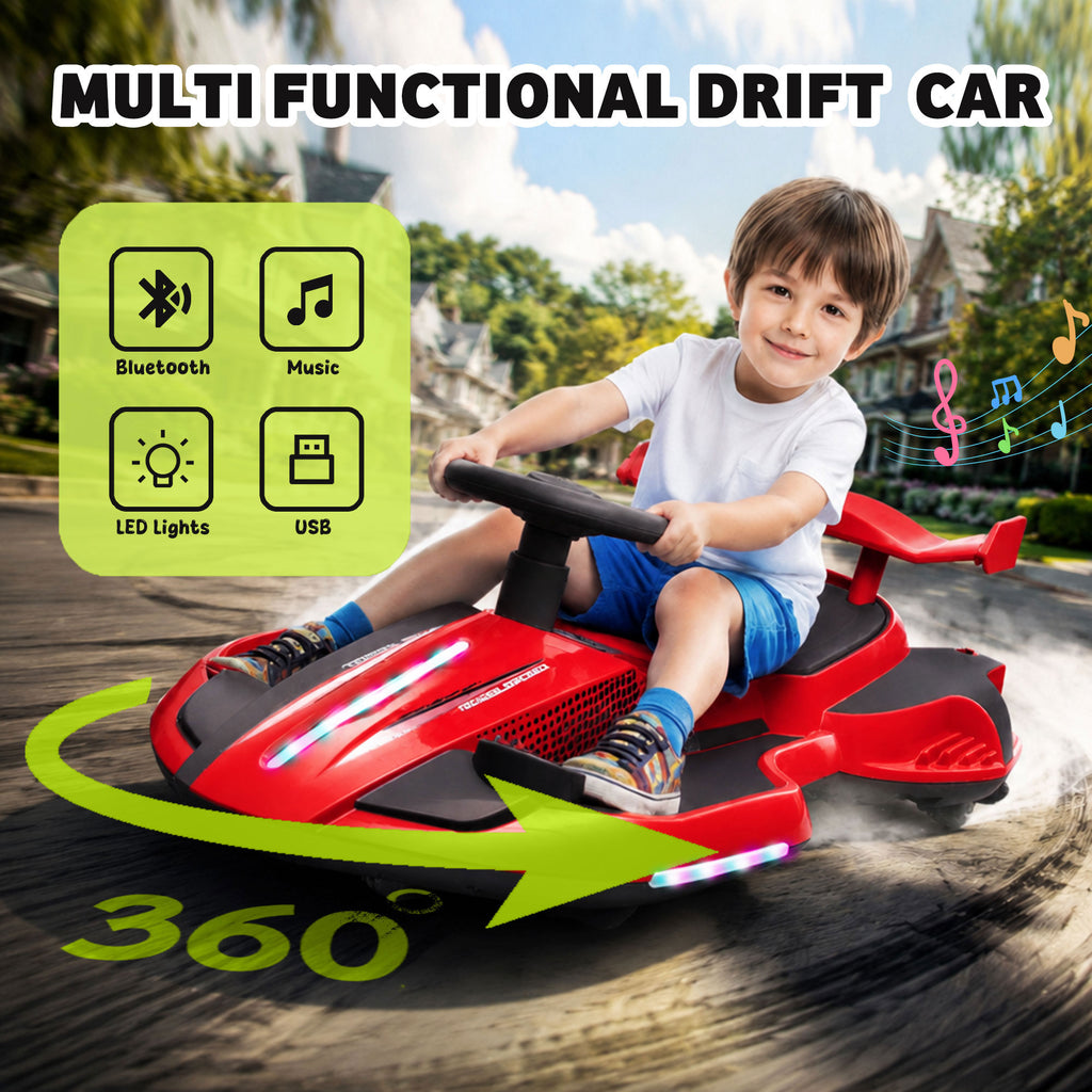 KEEPSUN 12V Electric Wiggle Car for Kids, 2 in 1 Swing Ride on Toy, Drift Car with Spray, Flashing 360° Swivel Wheels, Music, Bluetooth, Anti-Rollover, Gift for Boys Girls Ages 3-8 - Red