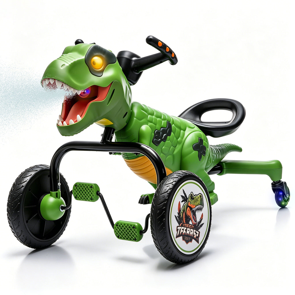 KEEPSUN Drift Tricycle for Kids, 4-Wheel Dinosaur Ride on Toy, Pedal Go Kart with Backrests, Anti-Rollover, Spray, Light, Roaring Sound, Gift for Boys Girls