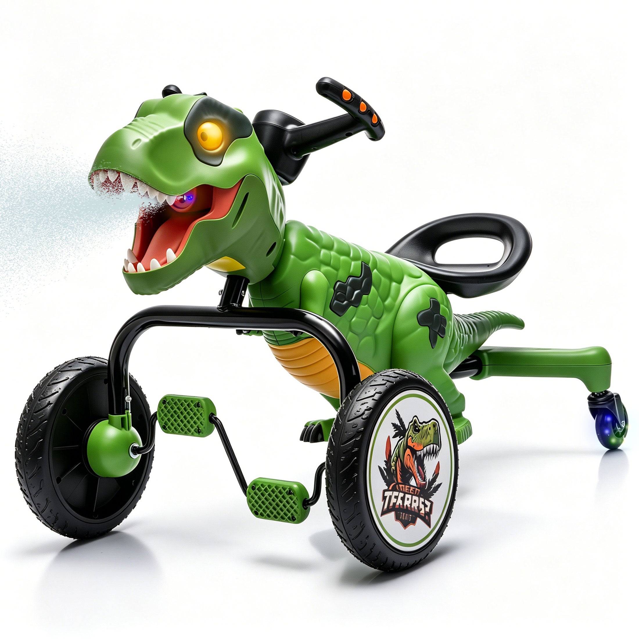 KEEPSUN Drift Tricycle for Kids, 4-Wheel Dinosaur Ride on Toy, Pedal Go Kart with Backrests, Anti-Rollover, Spray, Light, Roaring Sound, Gift for Boys Girls