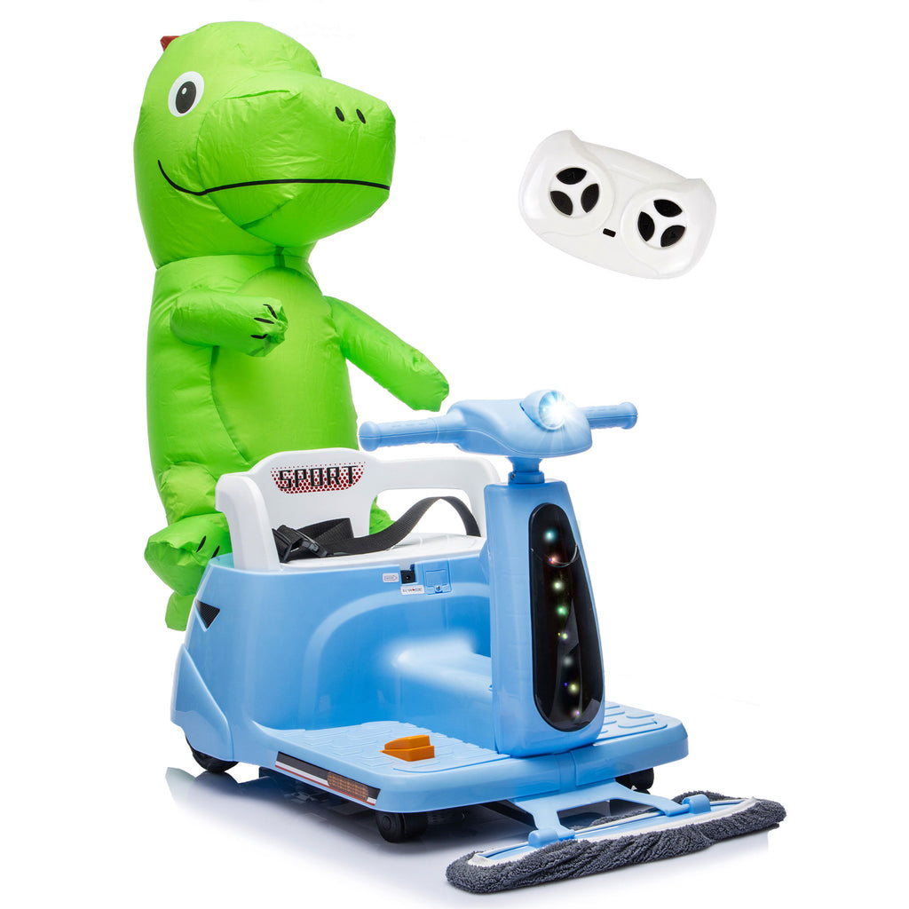 12V Ride On Car with Inflatable Character, Powered Ride On Toys with Cleaning Fun, Detachable Mop, Silent TPE Wheels, Bluetooth, Indoor & Outdoor Car for Kids Ages 3-5