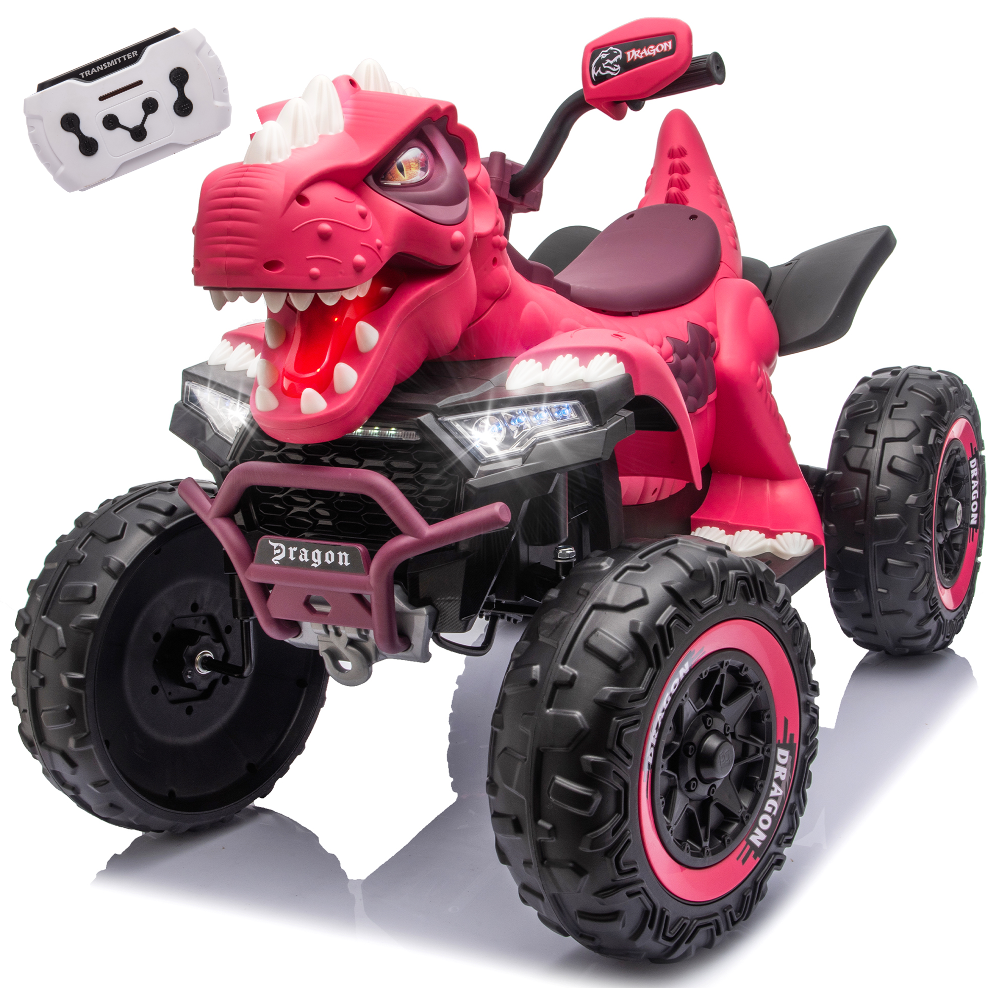 KEEPSUN 12V Ride on Toy for Kids, Dinosaur Ride on Car w/ Remote Control, 2-Seater 4 wheeler Kids ATV Quad with 100W*2 Motors, Bluetooth, Spring Suspension, Music, Cool Lights, Pink