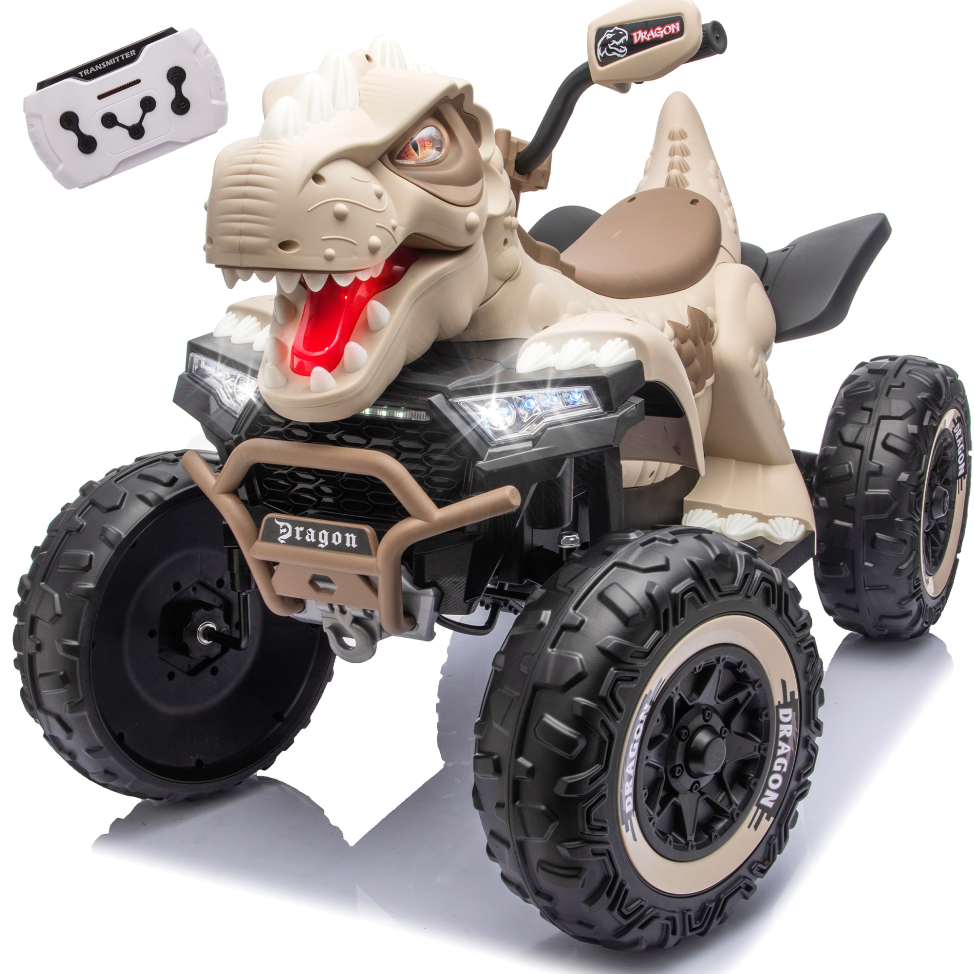 KEEPSUN 12V Ride on Toy for Kids, Dinosaur Ride on Car w/ Remote Control, 2-Seater 4 wheeler Kids ATV Quad with 100W*2 Motors, Bluetooth, Spring Suspension, Music, Cool Lights, Khaki