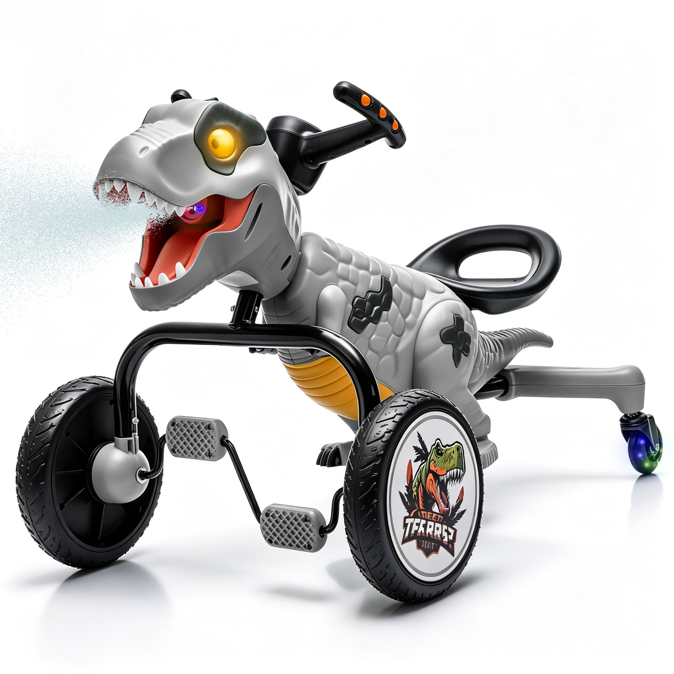 KEEPSUN Drift Tricycle for Kids, 4-Wheel Dinosaur Ride on Toy, Pedal Go Kart with Backrests, Anti-Rollover, Spray, Light, Roaring Sound, Gift for Boys Girls