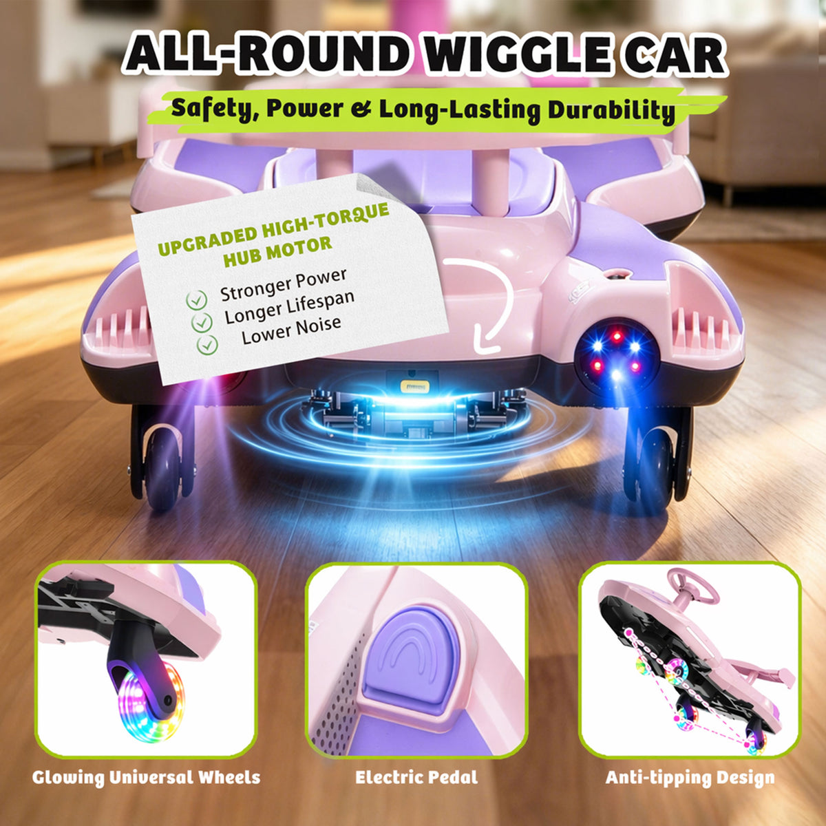KEEPSUN 12V Electric Wiggle Car for Kids, 2 in 1 Swing Ride on Toy, Drift Car with Spray, Flashing 360° Swivel Wheels, Music, Bluetooth, Anti-Rollover, Gift for Boys Girls Ages 3-8 - Pink & Purple