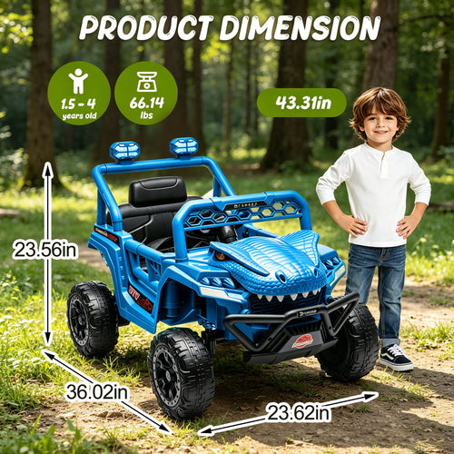 12V Ride On Cars for Kids, Kids Ride on Toys with Remote Control, Dinosaur Kids UTV Cars, 4 Wheel Suspension Electric Vehicle with Bluetooth, Music, LED, Ideal Gift for Boys Girls 2-4, Blue