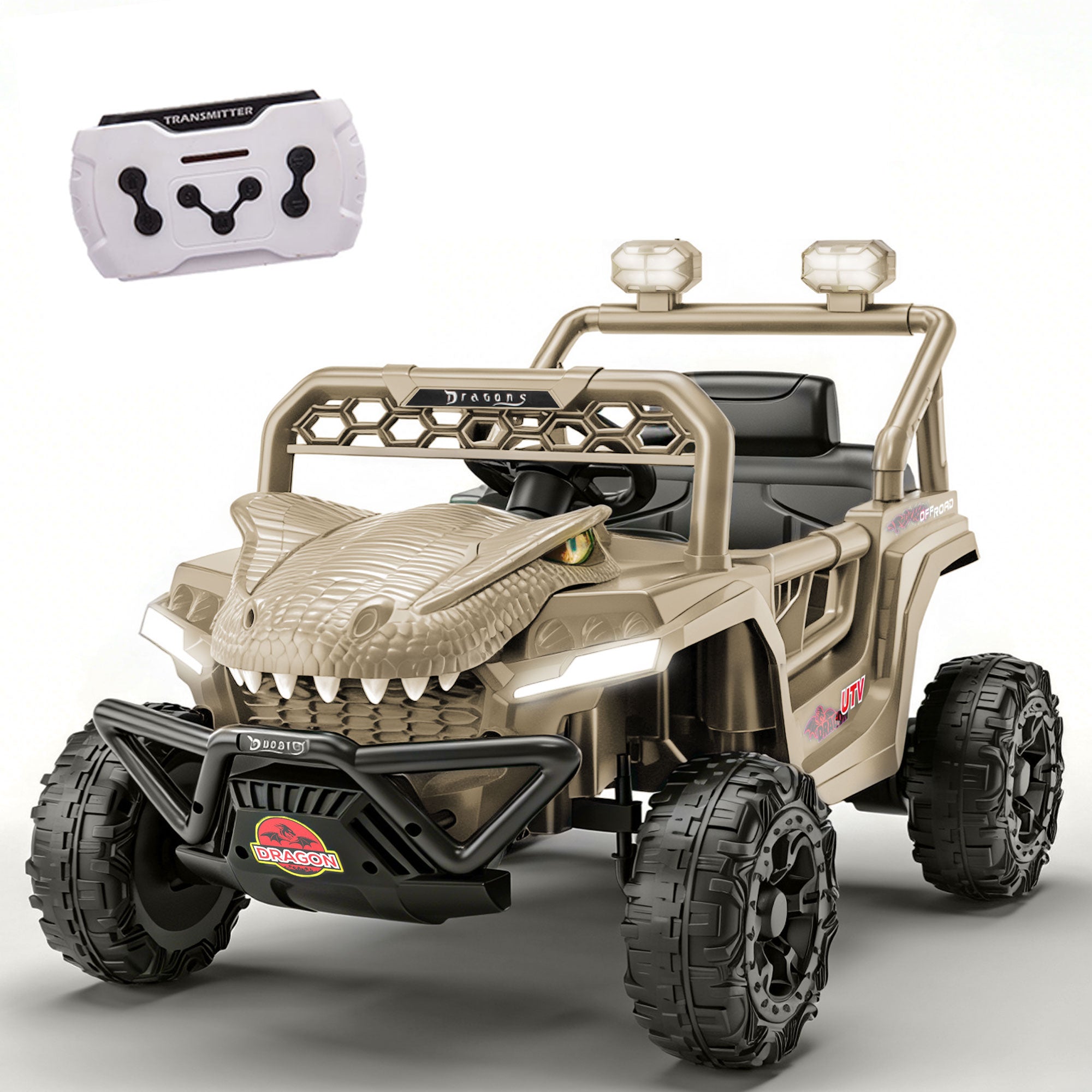 12V Ride On Cars for Kids, Kids Ride on Toys with Remote Control, Dinosaur Kids UTV Cars, 4 Wheel Suspension Electric Vehicle with Bluetooth, Music, LED, Ideal Gift for Boys Girls 2-4