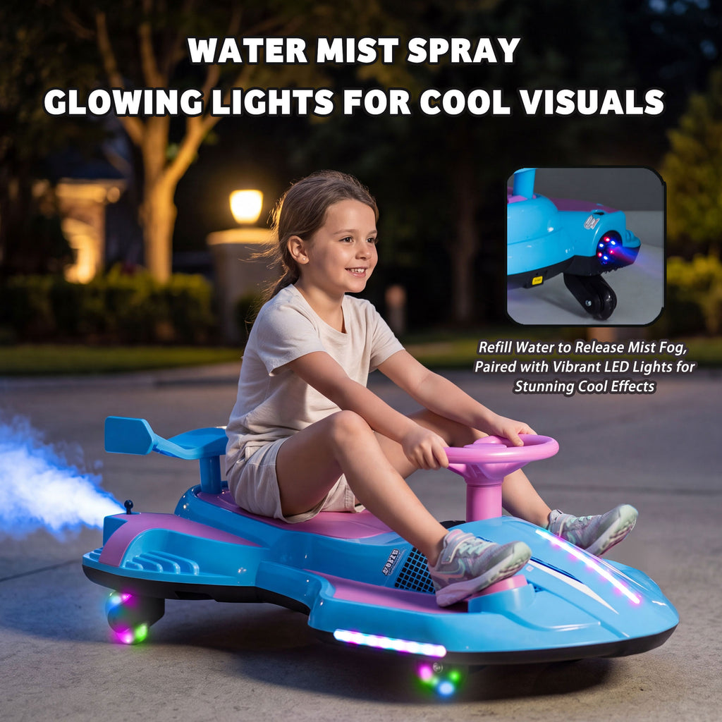 KEEPSUN 12V Electric Wiggle Car for Kids, 2 in 1 Swing Ride on Toy, Drift Car with Spray, Flashing 360° Swivel Wheels, Music, Bluetooth, Anti-Rollover, Gift for Boys Girls Ages 3-8 - Blue