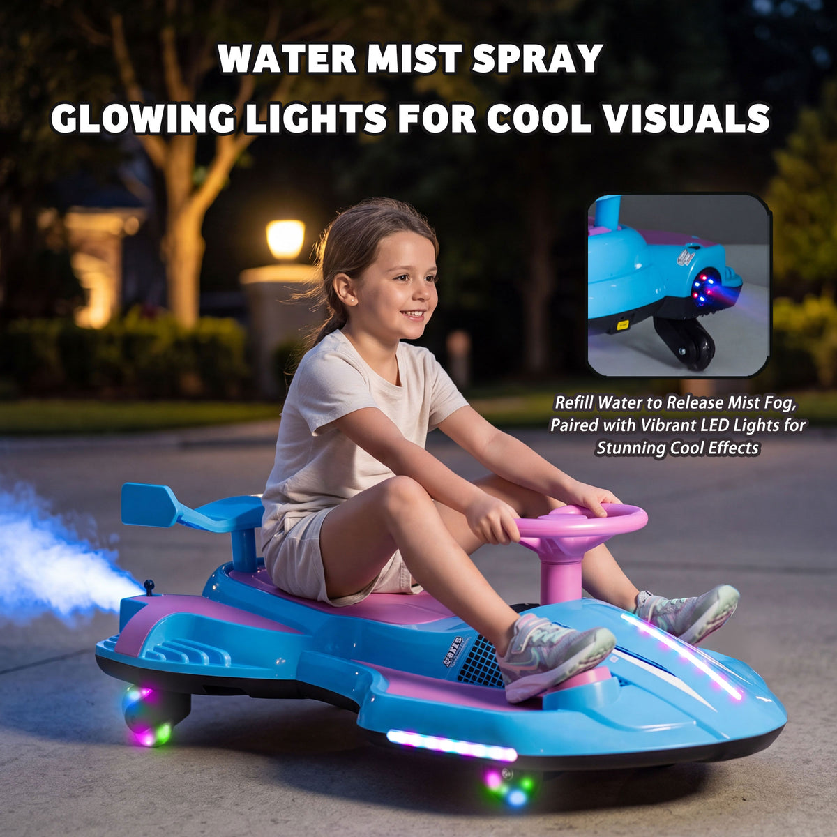 KEEPSUN 12V Electric Wiggle Car for Kids, 2 in 1 Swing Ride on Toy, Drift Car with Spray, Flashing 360° Swivel Wheels, Music, Bluetooth, Anti-Rollover, Gift for Boys Girls Ages 3-8 - Blue