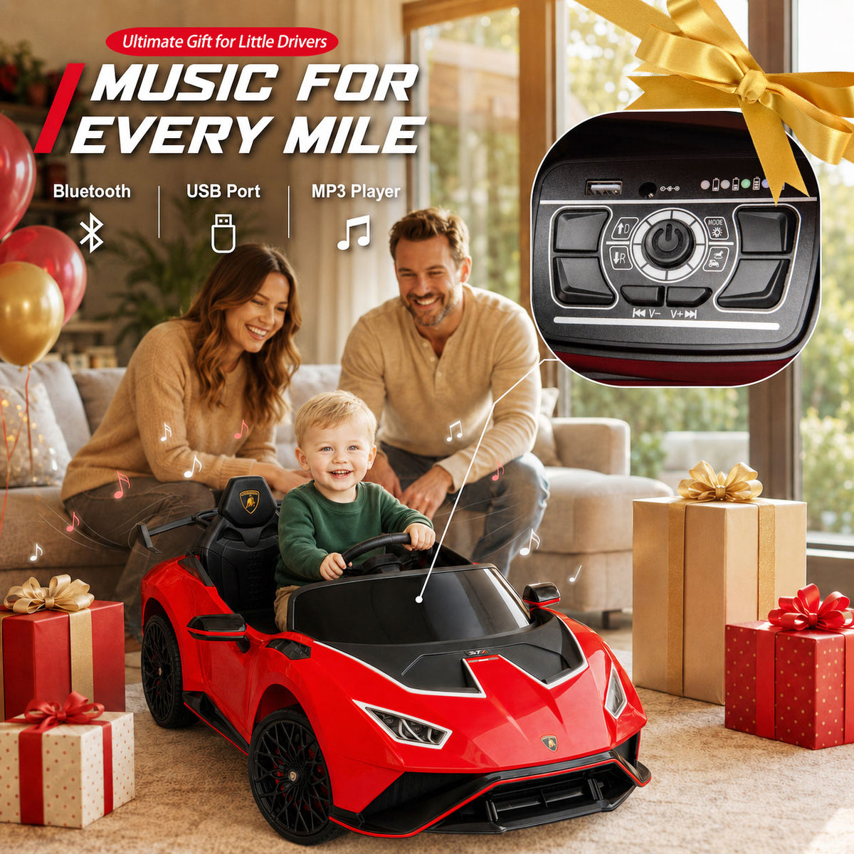 KEEPSUN 12V Ride On Toys for Kids, Licensed Lamborghini Ride On Car w/Remote Control, 3-Speed, Bluetooth & Music, Electric Car for Toddler Ages 2-4, Ideal Gift for Boys Girls - Red