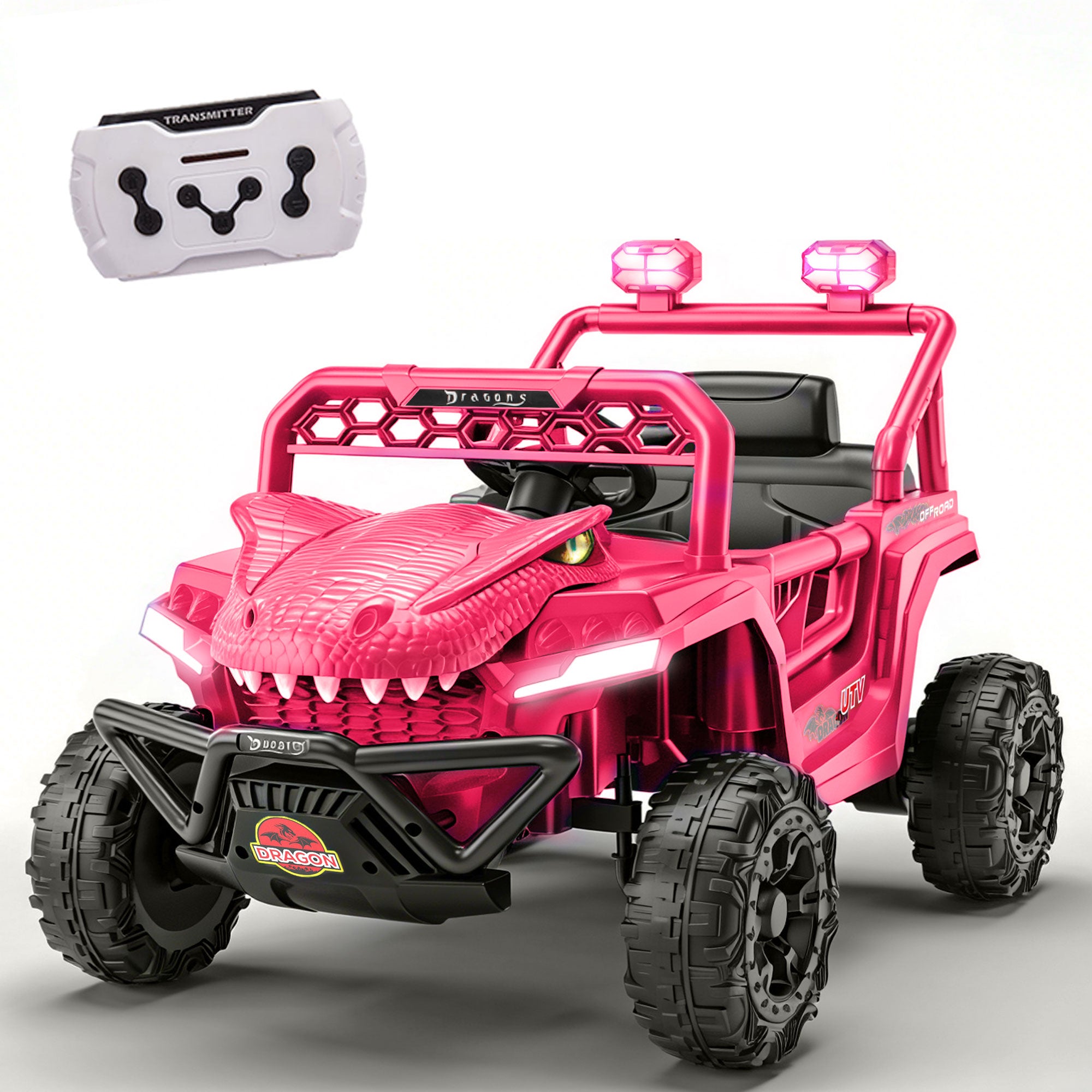 12V Ride On Cars for Kids, Kids Ride on Toys with Remote Control, Dinosaur Kids UTV Cars, 4 Wheel Suspension Electric Vehicle with Bluetooth, Music, LED, Ideal Gift for Boys Girls 2-4