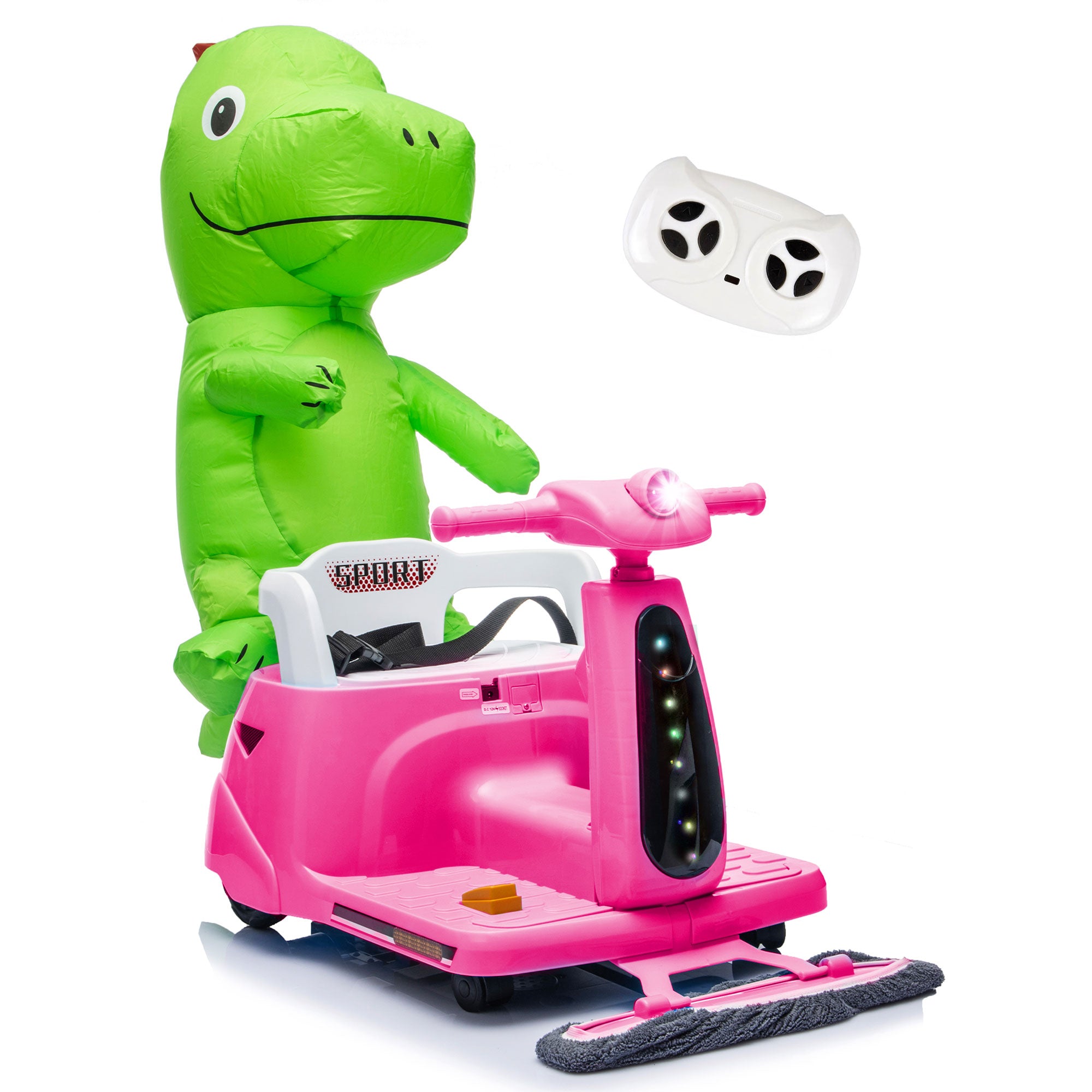 12V Ride On Car with Inflatable Character, Powered Ride On Toys with Cleaning Fun, Detachable Mop, Silent TPE Wheels, Bluetooth, Indoor & Outdoor Car for Kids Ages 3-5