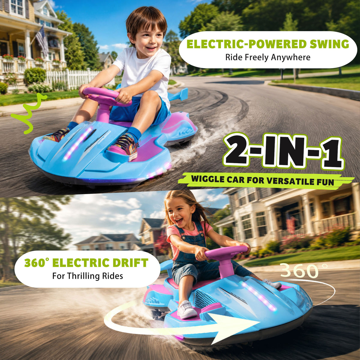 KEEPSUN 12V Electric Wiggle Car for Kids, 2 in 1 Swing Ride on Toy, Drift Car with Spray, Flashing 360° Swivel Wheels, Music, Bluetooth, Anti-Rollover, Gift for Boys Girls Ages 3-8 - Blue