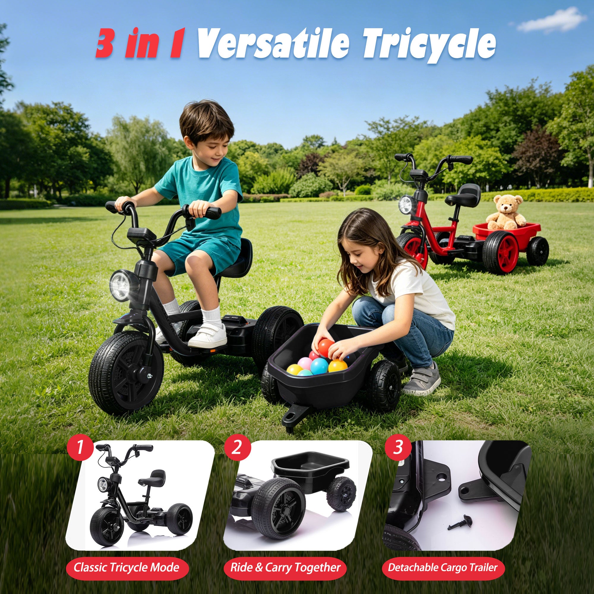 Electric Tricycle for Toddlers 2-5 Year Old, Kids Electric Bike Outdoor Ride on Toys, Trike with LED Light, Adjustable Seat, Large Rear Basket, Birthday Gift for Kids