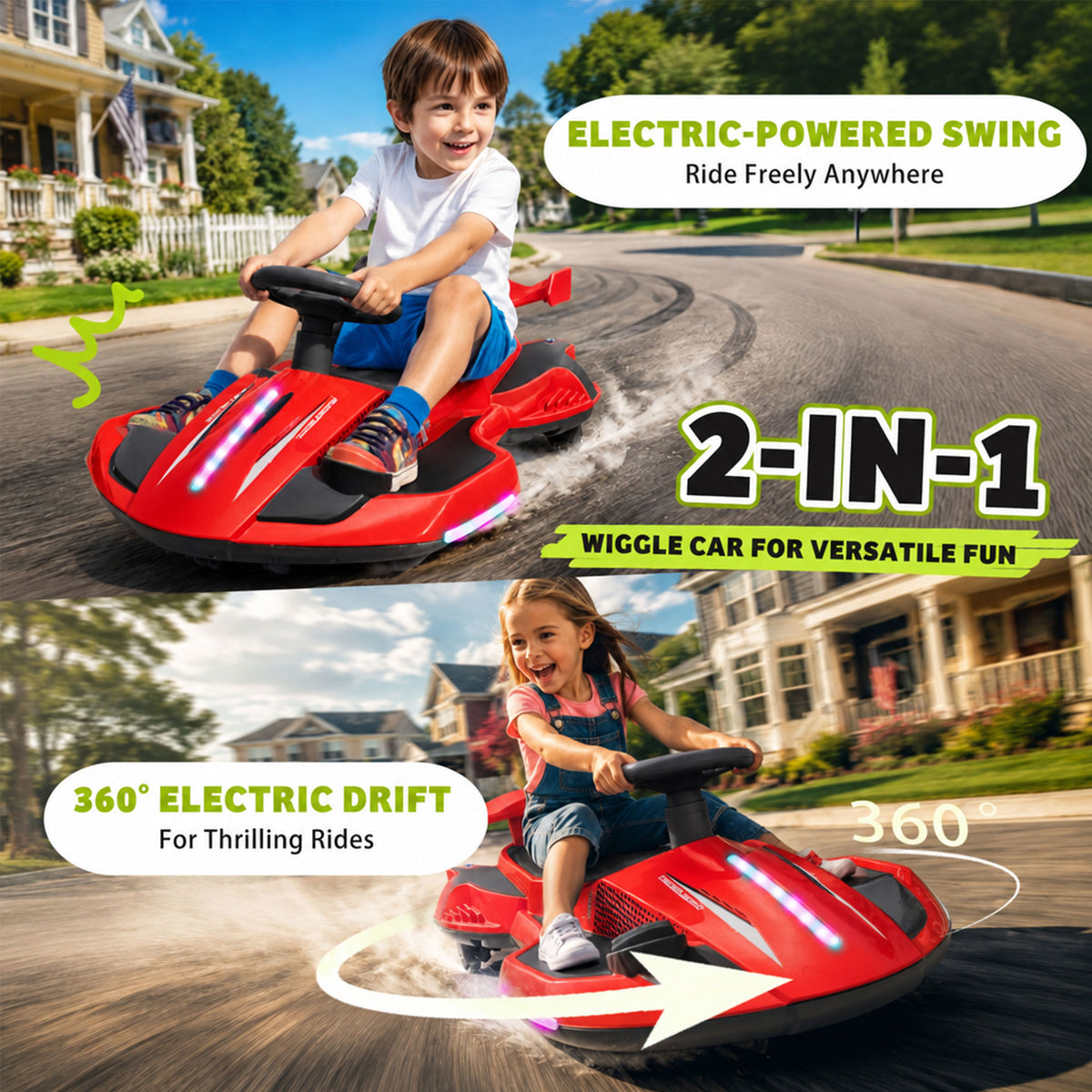 KEEPSUN 12V Electric Wiggle Car for Kids, 2 in 1 Swing Ride on Toy, Drift Car with Spray, Flashing 360° Swivel Wheels, Music, Bluetooth, Anti-Rollover, Gift for Boys Girls Ages 3-8 - Red