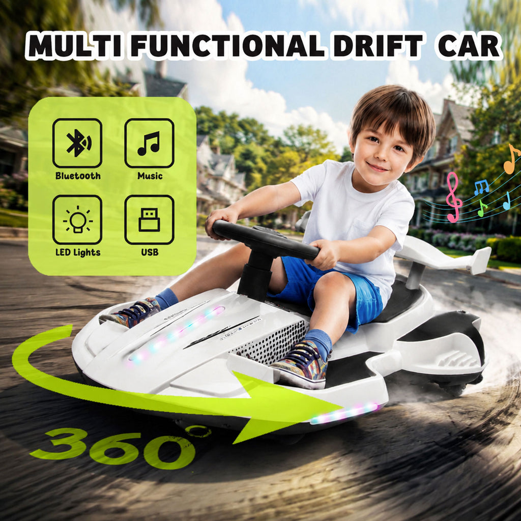 KEEPSUN 12V Electric Wiggle Car for Kids, 2 in 1 Swing Ride on Toy, Drift Car with Spray, Flashing 360° Swivel Wheels, Music, Bluetooth, Anti-Rollover, Gift for Boys Girls Ages 3-8 - White