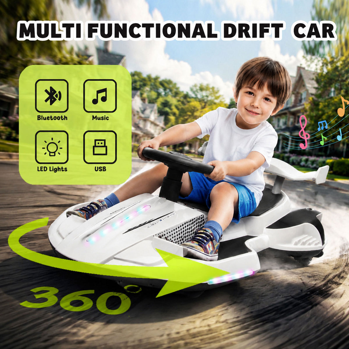 KEEPSUN 12V Electric Wiggle Car for Kids, 2 in 1 Swing Ride on Toy, Drift Car with Spray, Flashing 360° Swivel Wheels, Music, Bluetooth, Anti-Rollover, Gift for Boys Girls Ages 3-8 - White