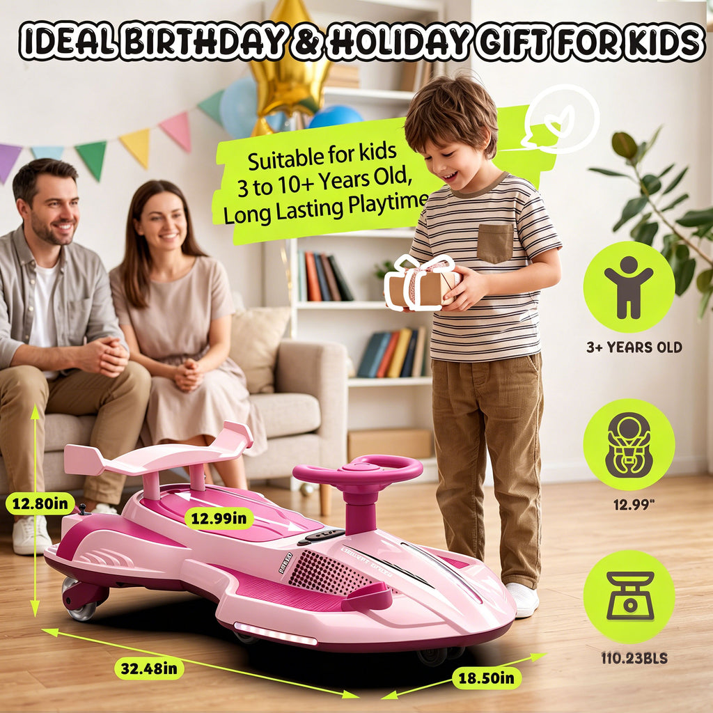 KEEPSUN 12V Electric Wiggle Car for Kids, 2 in 1 Swing Ride on Toy, Drift Car with Spray, Flashing 360° Swivel Wheels, Music, Bluetooth, Anti-Rollover, Gift for Boys Girls Ages 3-8 - Pink