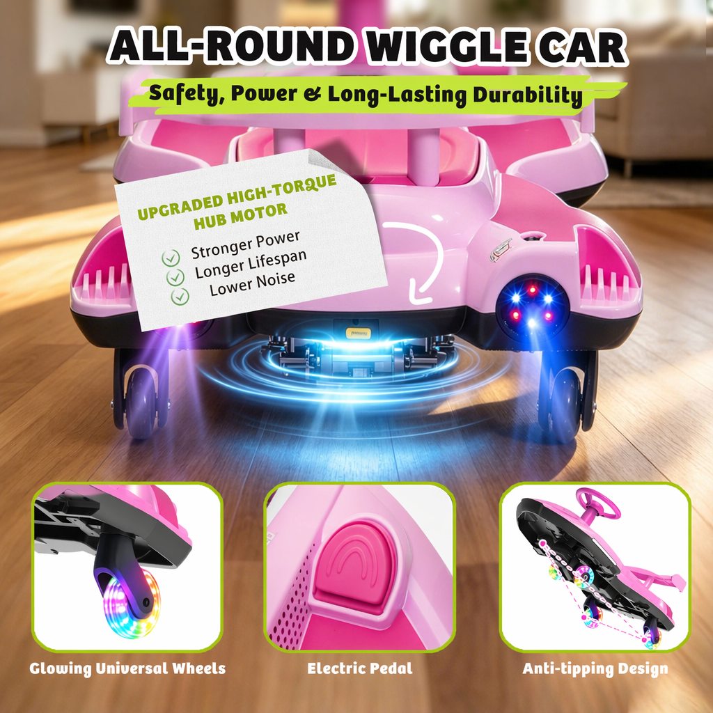 KEEPSUN 12V Electric Wiggle Car for Kids, 2 in 1 Swing Ride on Toy, Drift Car with Spray, Flashing 360° Swivel Wheels, Music, Bluetooth, Anti-Rollover, Gift for Boys Girls Ages 3-8 - Pink