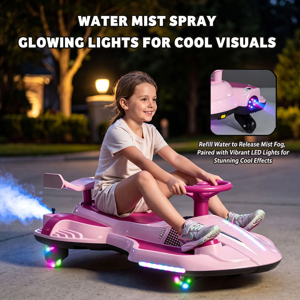 KEEPSUN 12V Electric Wiggle Car for Kids, 2 in 1 Swing Ride on Toy, Drift Car with Spray, Flashing 360° Swivel Wheels, Music, Bluetooth, Anti-Rollover, Gift for Boys Girls Ages 3-8 - Pink
