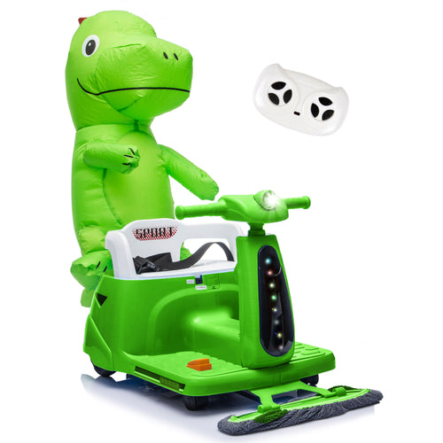 12V Ride On Car with Inflatable Character, Powered Ride On Toys with Cleaning Fun, Detachable Mop, Silent TPE Wheels, Bluetooth, Indoor & Outdoor Car for Kids Ages 3-5