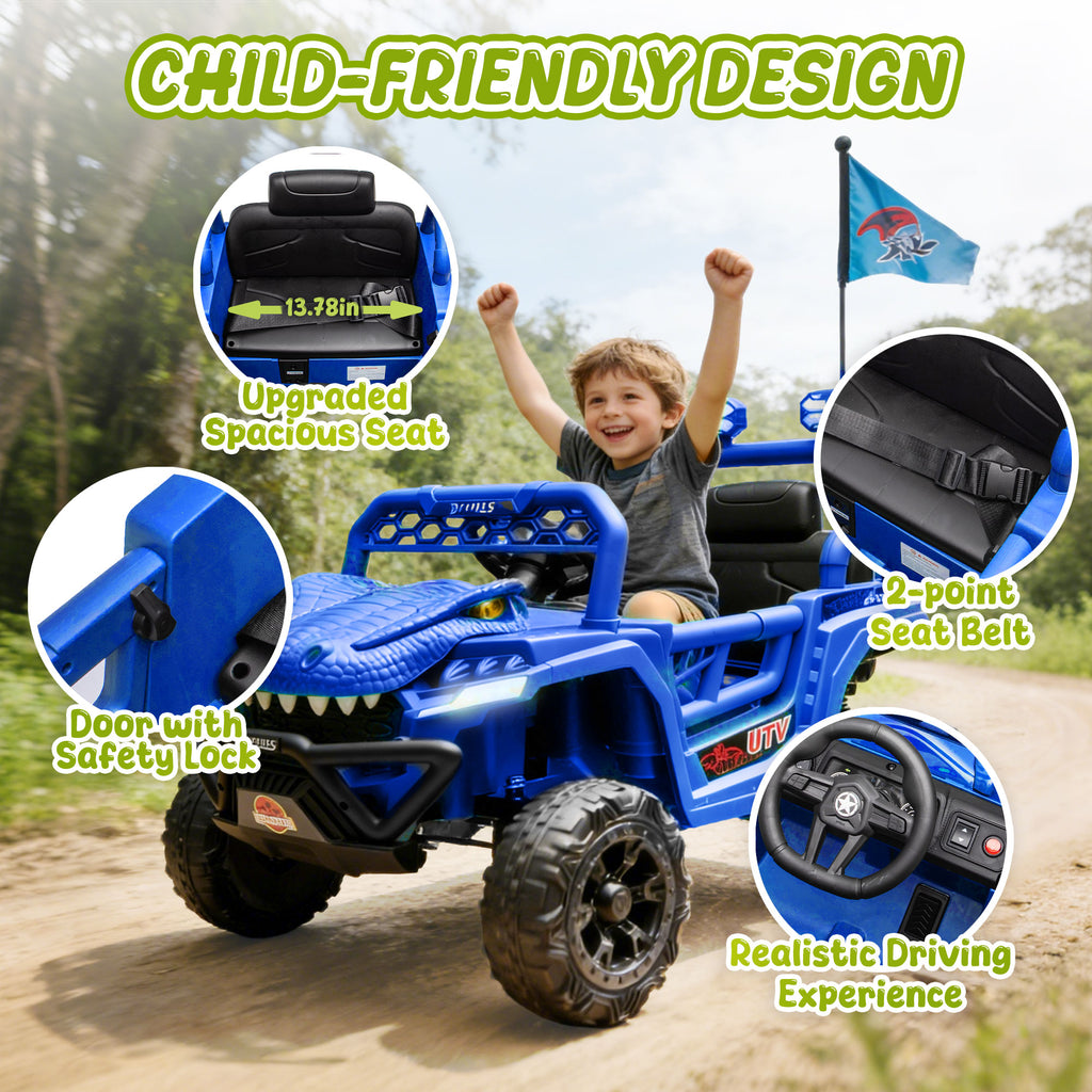12V Ride On Cars for Kids, Kids Ride on Toys with Remote Control, Dinosaur Kids UTV Cars, 4 Wheel Suspension Electric Vehicle with Bluetooth, Music, LED, Ideal Gift for Boys Girls 2-4, Blue
