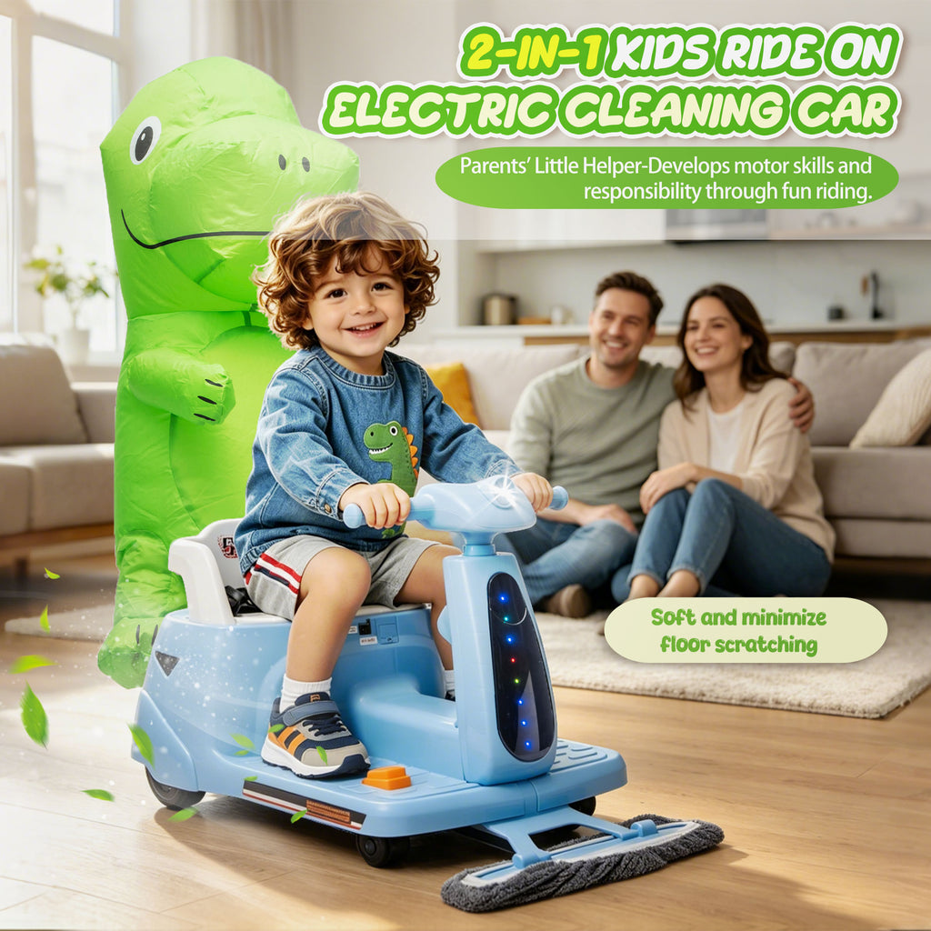 12V Ride On Car with Inflatable Character, Powered Ride On Toys with Cleaning Fun, Detachable Mop, Silent TPE Wheels, Bluetooth, Indoor & Outdoor Car for Kids Ages 3-5