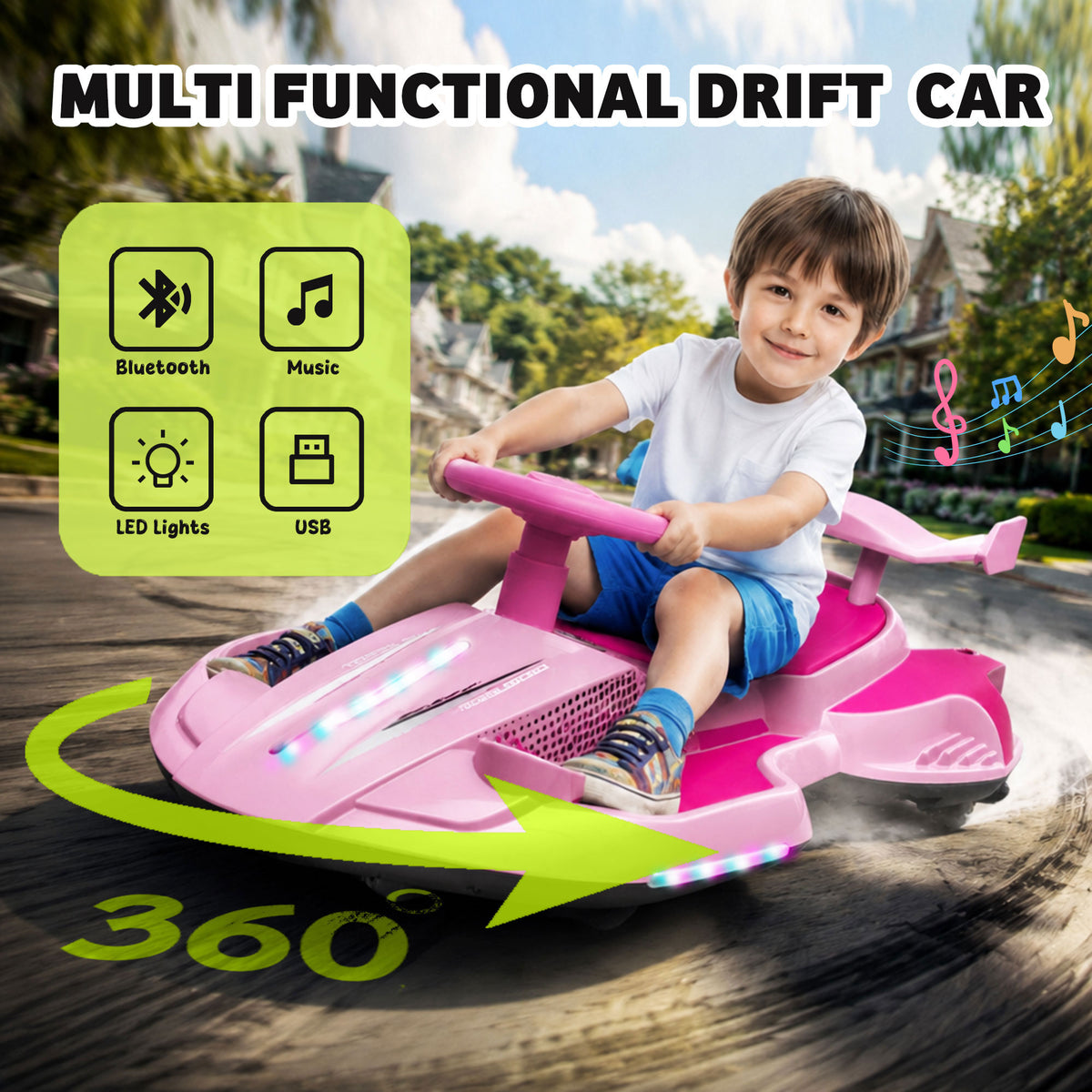 KEEPSUN 12V Electric Wiggle Car for Kids, 2 in 1 Swing Ride on Toy, Drift Car with Spray, Flashing 360° Swivel Wheels, Music, Bluetooth, Anti-Rollover, Gift for Boys Girls Ages 3-8 - Pink
