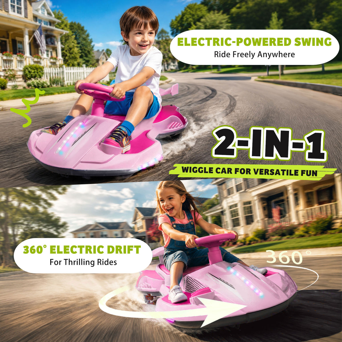 KEEPSUN 12V Electric Wiggle Car for Kids, 2 in 1 Swing Ride on Toy, Drift Car with Spray, Flashing 360° Swivel Wheels, Music, Bluetooth, Anti-Rollover, Gift for Boys Girls Ages 3-8 - Pink