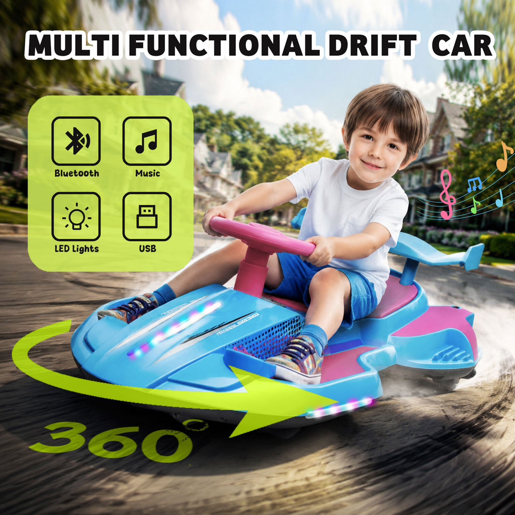 KEEPSUN 12V Electric Wiggle Car for Kids, 2 in 1 Swing Ride on Toy, Drift Car with Spray, Flashing 360° Swivel Wheels, Music, Bluetooth, Anti-Rollover, Gift for Boys Girls Ages 3-8 - Blue