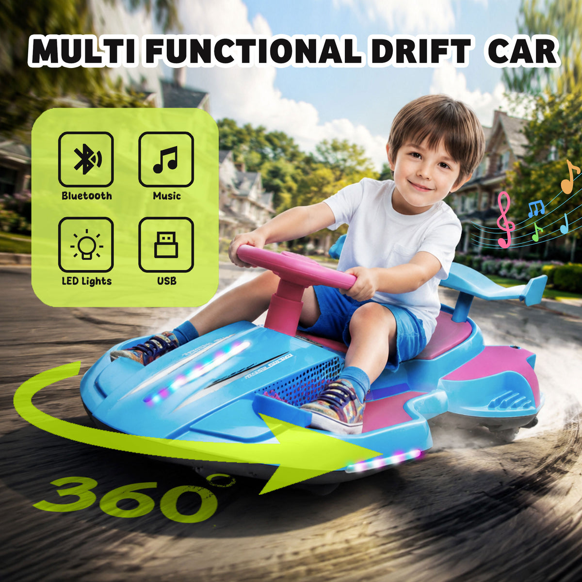 KEEPSUN 12V Electric Wiggle Car for Kids, 2 in 1 Swing Ride on Toy, Drift Car with Spray, Flashing 360° Swivel Wheels, Music, Bluetooth, Anti-Rollover, Gift for Boys Girls Ages 3-8 - Blue