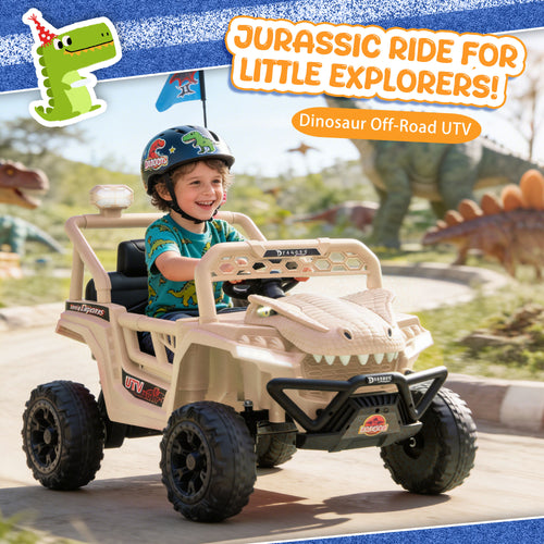 12V Ride On Cars for Kids, Kids Ride on Toys with Remote Control, Dinosaur Kids UTV Cars, 4 Wheel Suspension Electric Vehicle with Bluetooth, Music, LED, Ideal Gift for Boys Girls 2-4