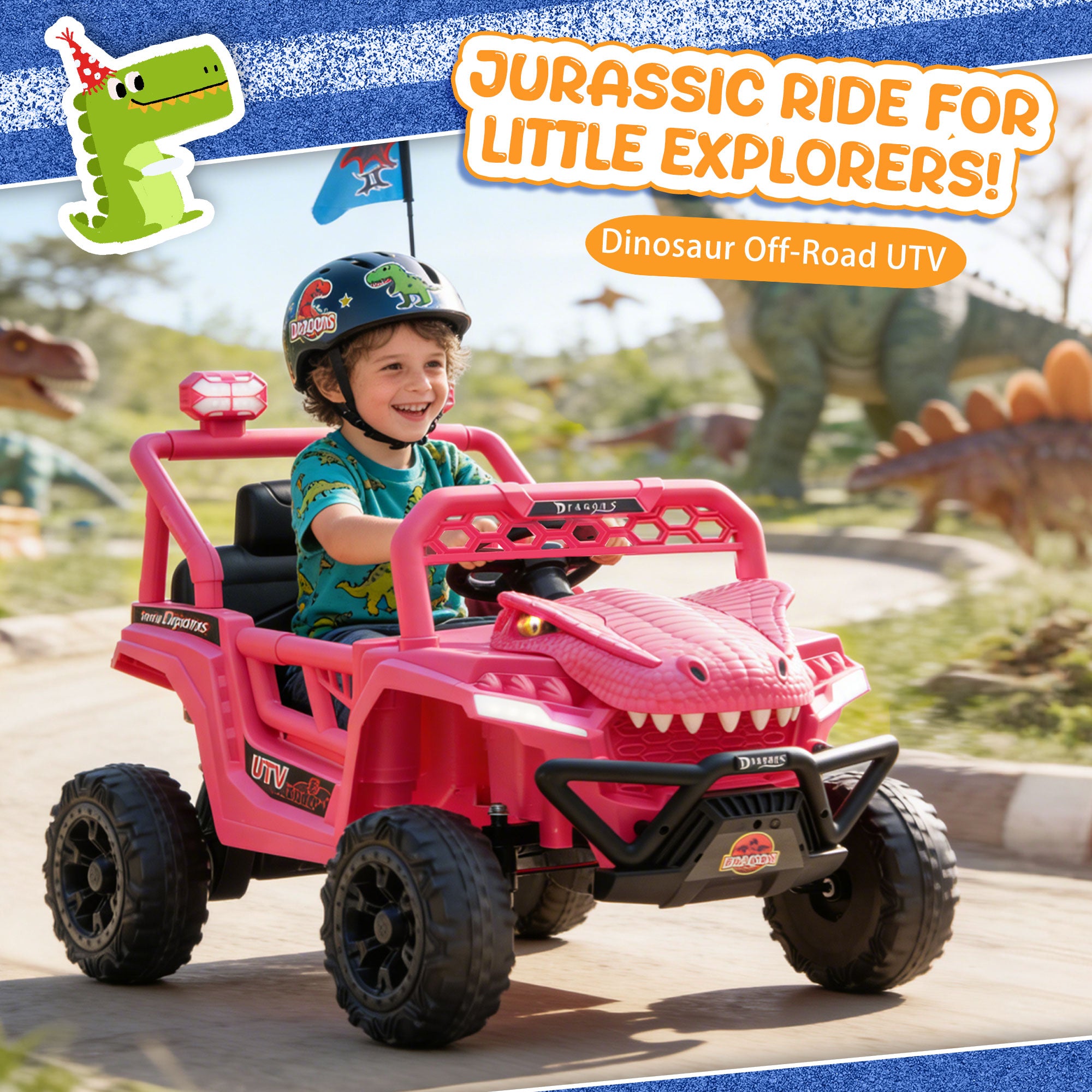 12V Ride On Cars for Kids, Kids Ride on Toys with Remote Control, Dinosaur Kids UTV Cars, 4 Wheel Suspension Electric Vehicle with Bluetooth, Music, LED, Ideal Gift for Boys Girls 2-4