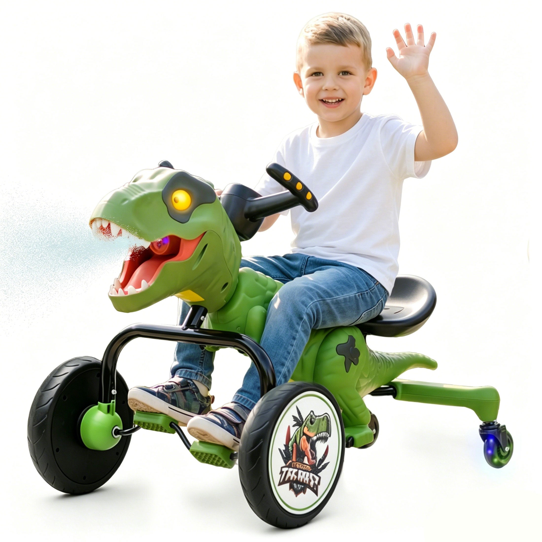 KEEPSUN Drift Tricycle for Kids, 4-Wheel Dinosaur Ride on Toy, Pedal Go Kart with Backrests, Anti-Rollover, Spray, Light, Roaring Sound, Gift for Boys Girls