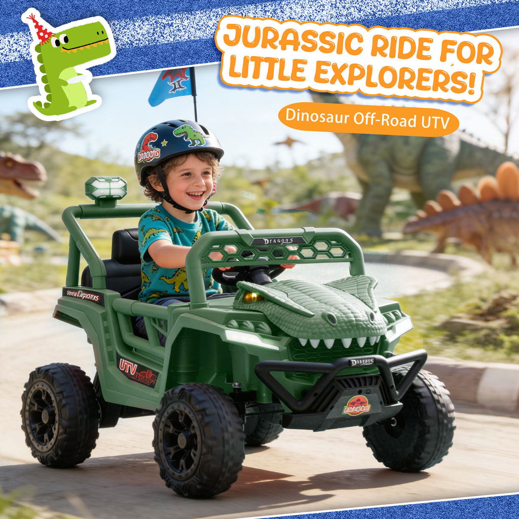 12V Ride On Cars for Kids, Kids Ride on Toys with Remote Control, Dinosaur Kids UTV Cars, 4 Wheel Suspension Electric Vehicle with Bluetooth, Music, LED, Ideal Gift for Boys Girls 2-4