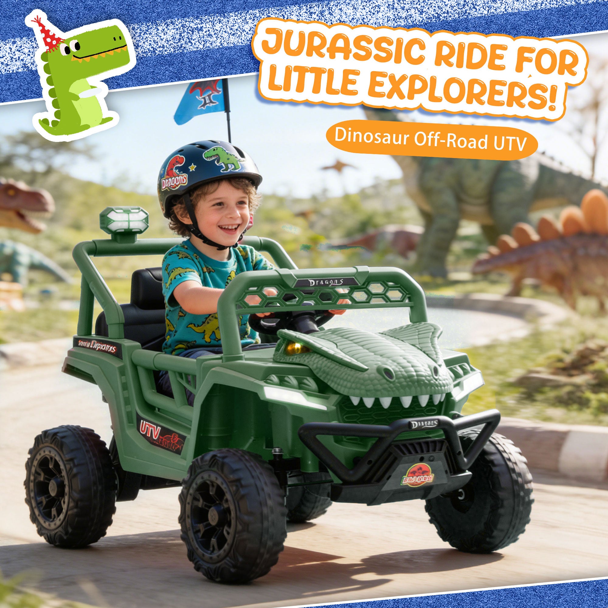 12V Ride On Cars for Kids, Kids Ride on Toys with Remote Control, Dinosaur Kids UTV Cars, 4 Wheel Suspension Electric Vehicle with Bluetooth, Music, LED, Ideal Gift for Boys Girls 2-4