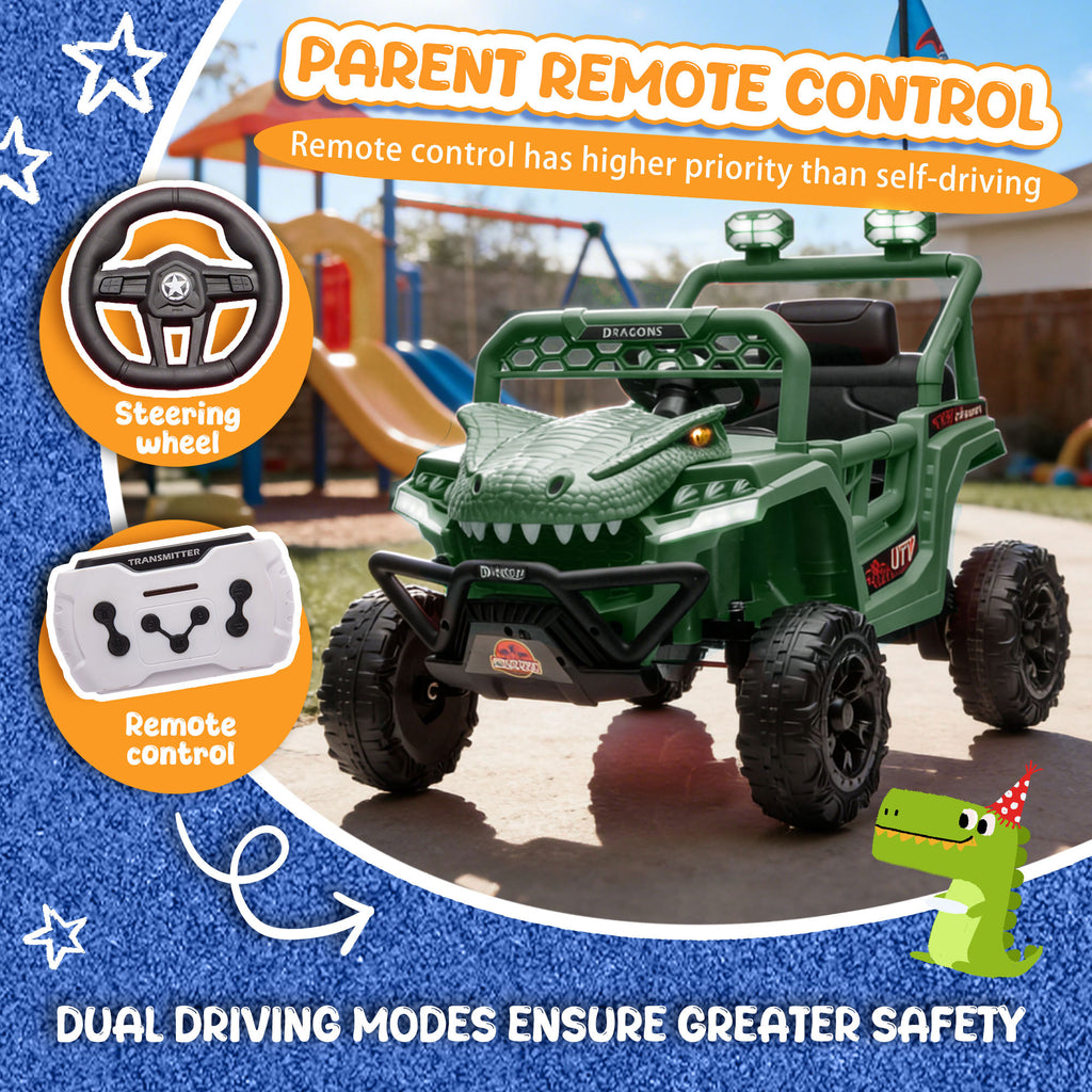 12V Ride On Cars for Kids, Kids Ride on Toys with Remote Control, Dinosaur Kids UTV Cars, 4 Wheel Suspension Electric Vehicle with Bluetooth, Music, LED, Ideal Gift for Boys Girls 2-4