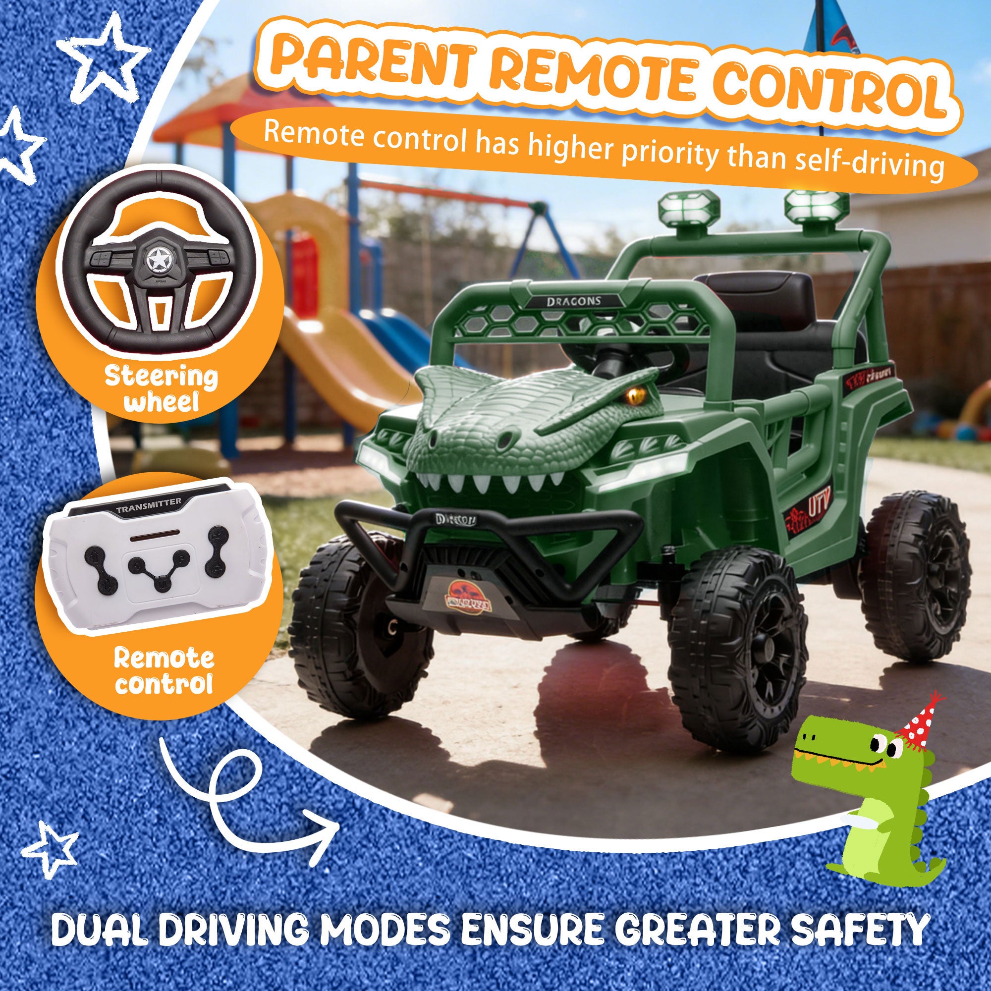 12V Ride On Cars for Kids, Kids Ride on Toys with Remote Control, Dinosaur Kids UTV Cars, 4 Wheel Suspension Electric Vehicle with Bluetooth, Music, LED, Ideal Gift for Boys Girls 2-4