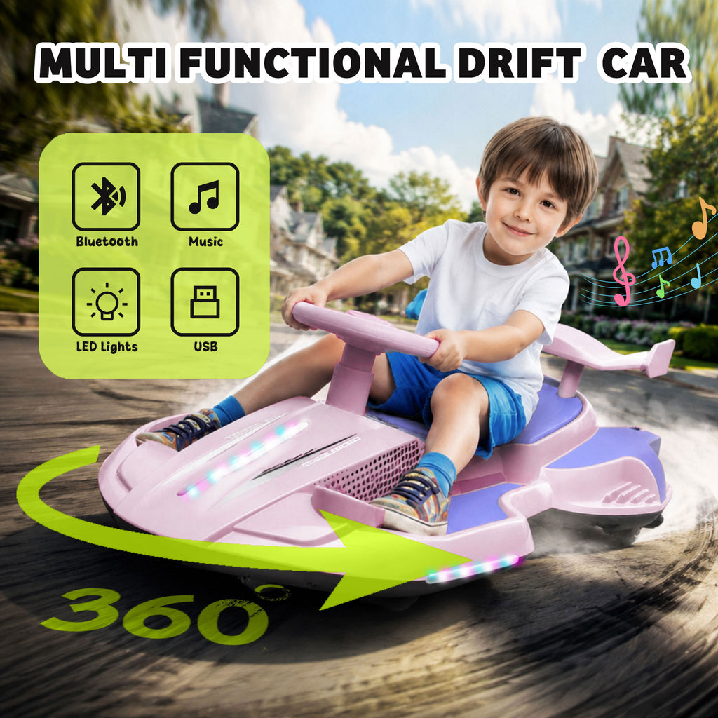 KEEPSUN 12V Electric Wiggle Car for Kids, 2 in 1 Swing Ride on Toy, Drift Car with Spray, Flashing 360° Swivel Wheels, Music, Bluetooth, Anti-Rollover, Gift for Boys Girls Ages 3-8 - Pink & Purple